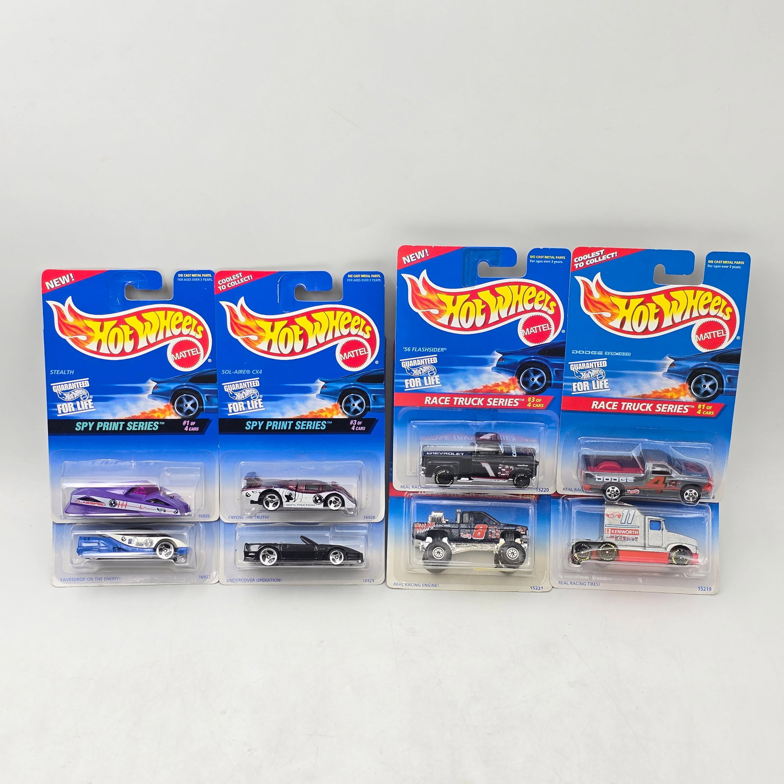 Hot Wheels Spy Print & Trucks Lot of 8: Lot of 8 Hot Wheels diecast cars featuring 2 different seriesâ€”Spy Print and Race Truck (1 complete set of each). Spy Print set includes Stealth, Alien, Sol-Aire CX4, and Custom Corvette,