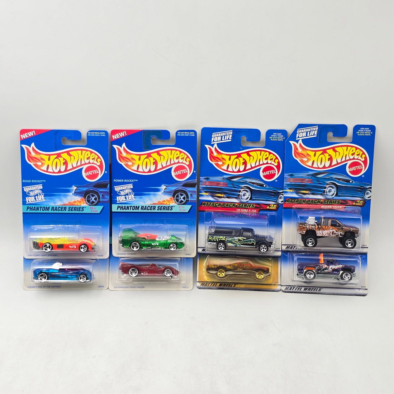 Hot Wheels Phantom & Attack Lot of 8: Lot of 8 Hot Wheels diecast cars featuring 2 different seriesâ€”Phantom Racer and Attack Pack (1 complete set of each). Phantom Racer set includes Power Rocket, Power Pistons, Power Pipes,