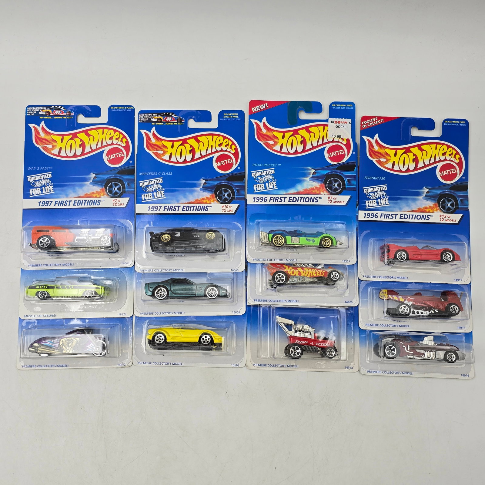 Hot Wheels First Editions Lot of 12: Lot of 12 Hot Wheels diecast cars from the mid-to-late 1990s, featuring a mix of First Editions and Premiere Collector models. Includes a solid variety of castings such as Ferrari F50, â€™97 C