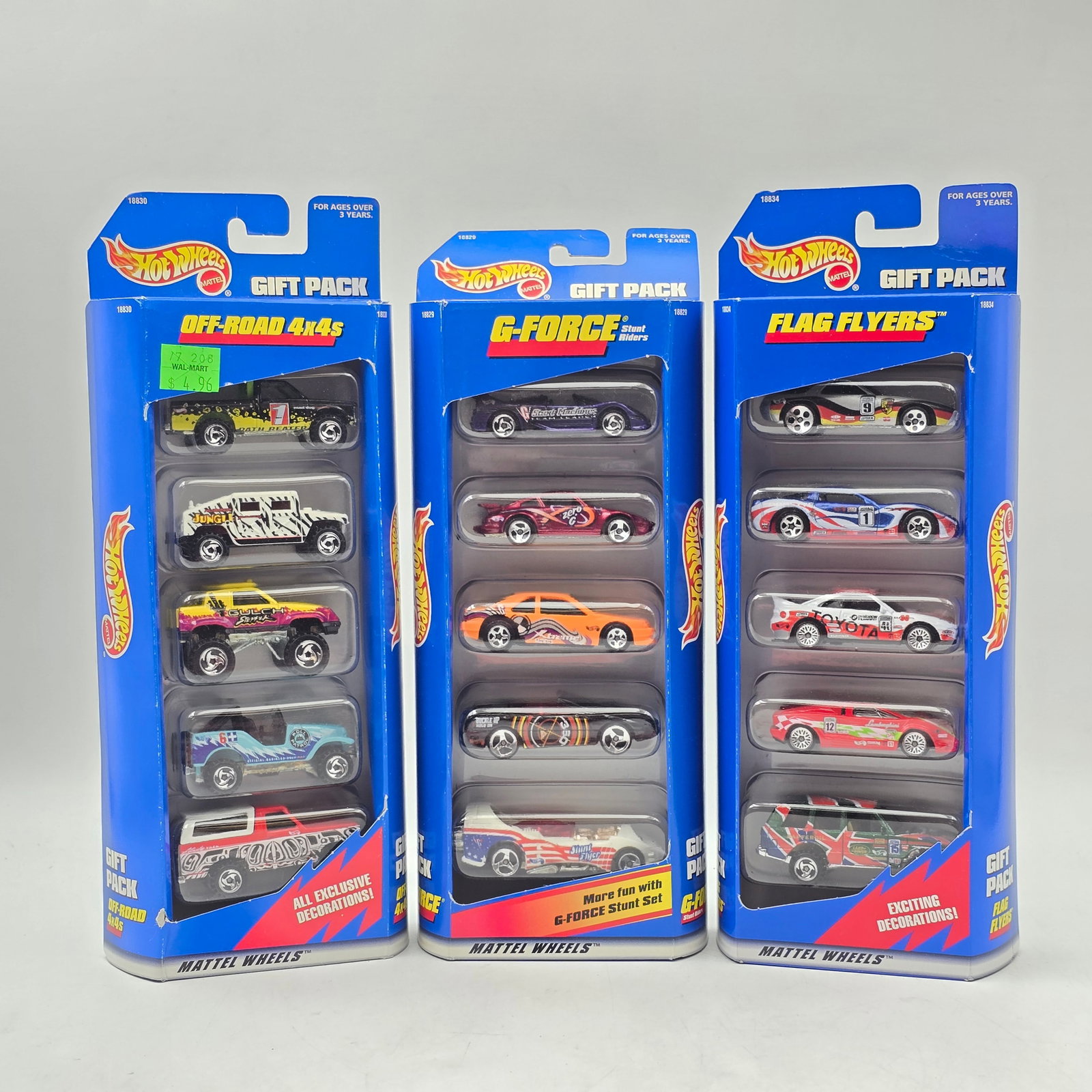 Lot of 3 HW 5 Packs: Lot of 3 Hot Wheels 5-Packs. Includes themed sets such as Off-Road 4x4s, G-Force, and Flag Flyers. Each pack contains 5 vehicles for a total of 15 cars. All items are in original packaging.