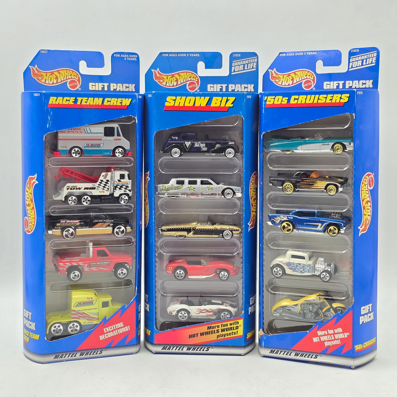 Hot Wheels 5 Pack Lot of 3: Lot of 3 Hot Wheels 5-Packs. Includes themed sets such as Race Team Crew, Show Biz, and â€™50s Cruisers. Each pack contains 5 vehicles for a total of 15 cars. All items are in original packagi
