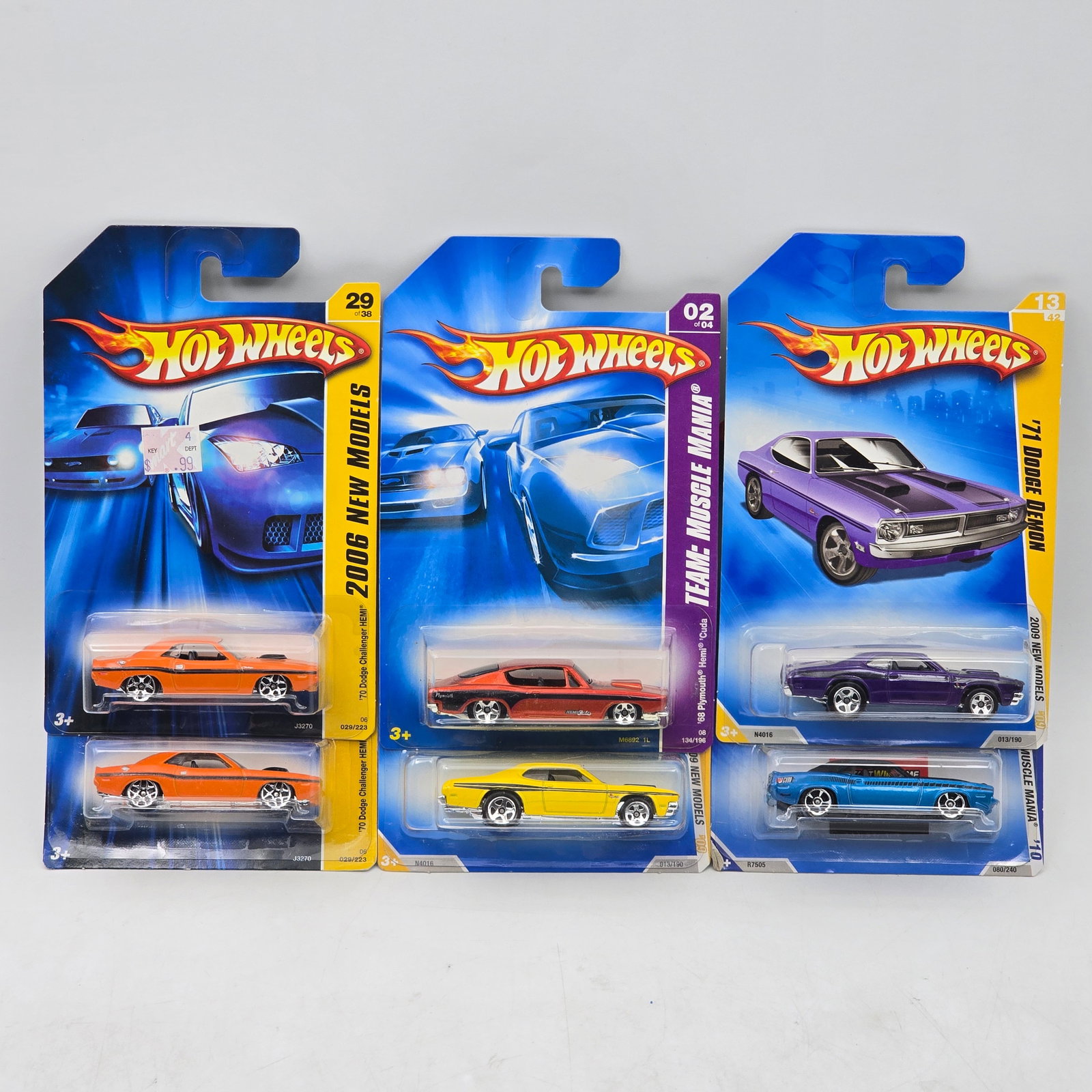 Lot Of 6 Hot Wheels Dodge Muscle Cars: Lot of 6 Hot Wheels diecast Dodge castings. Includes Demon and Charger Daytona style models, with multiple examples in bright, factory-style colors and a mix of muscle-era designs. All items are unope