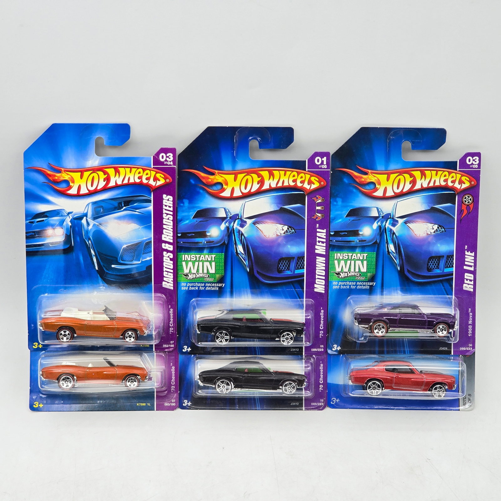 Lot Of 6 Hot Wheels Chevy Models: Lot of 6 Hot Wheels diecast Chevrolet castings. Includes Chevelle and Nova style models, with a mix of convertibles and coupes in clean factory colors. All items are unopened in original blister packa