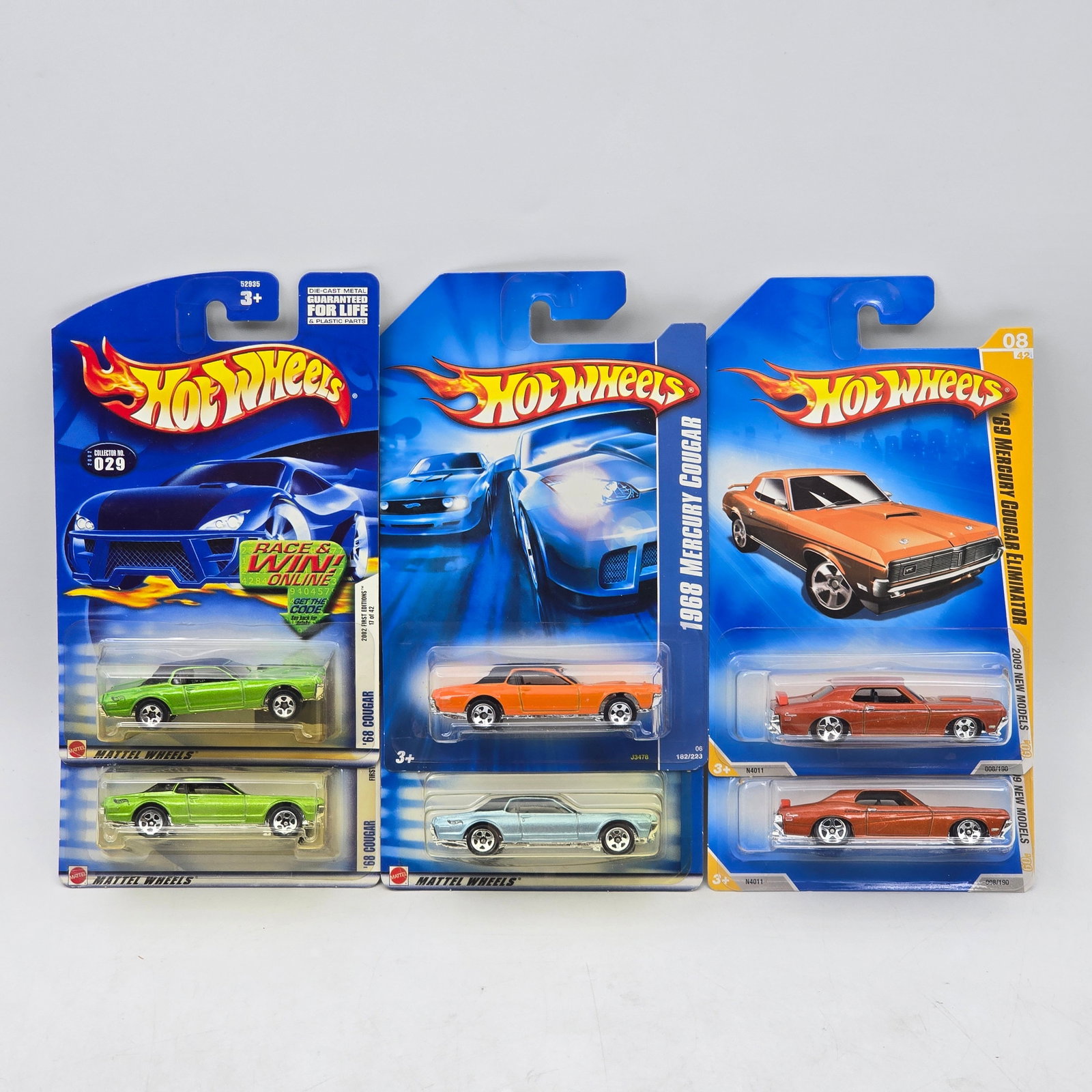 Lot Of 6 Hot Wheels Mercury Castings: Lot of 6 Hot Wheels diecast Mercury models. Includes Cougar and Cyclone-style castings with multiple examples in varied colors and classic muscle-era designs. All items are unopened in original bliste