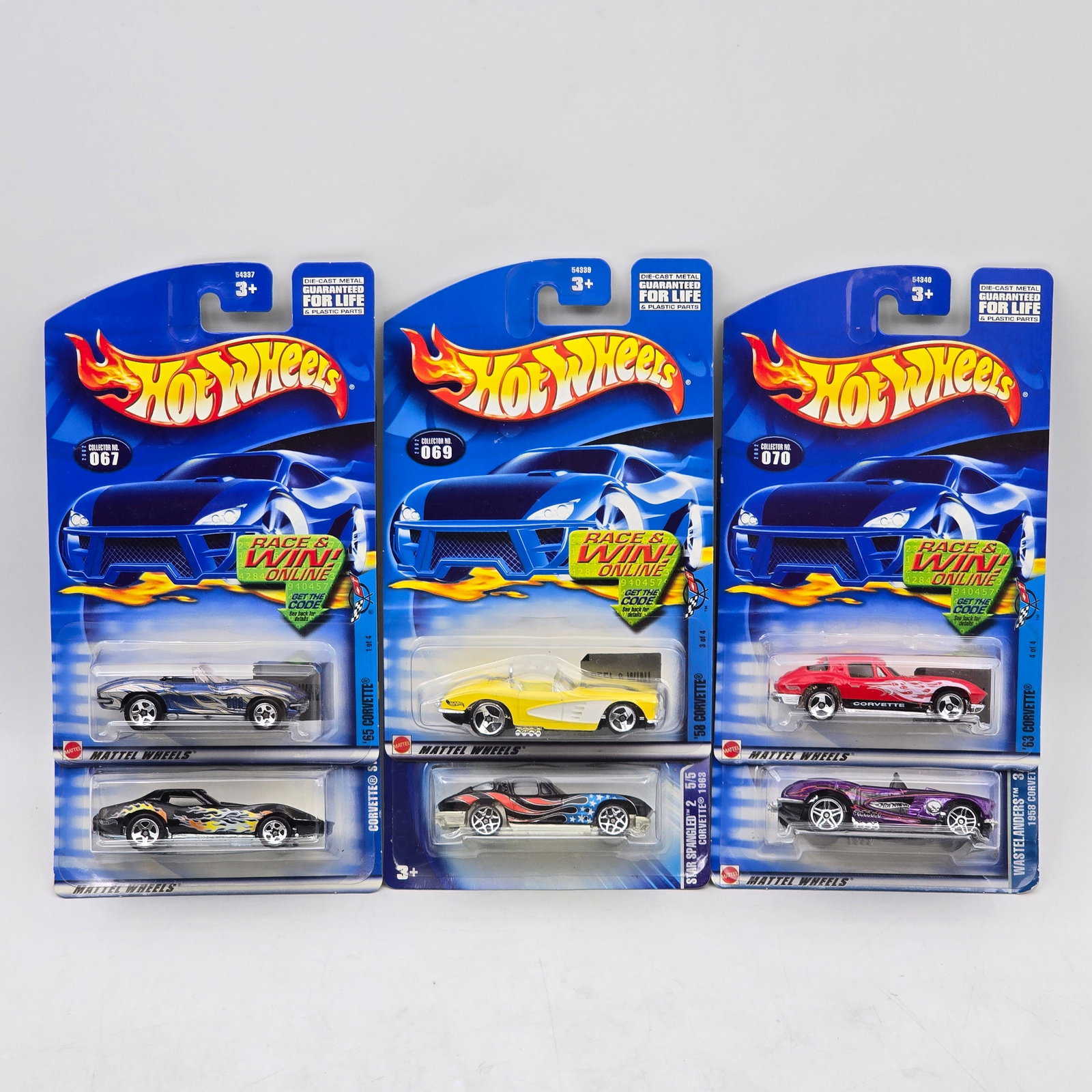 Lot Of 6 Hot Wheels Corvette Models: Lot of 6 Hot Wheels diecast Chevrolet Corvette castings. Includes a mix of modern and custom-style Vette designs, with varied colors and deco across the group. All items are unopened in original blist