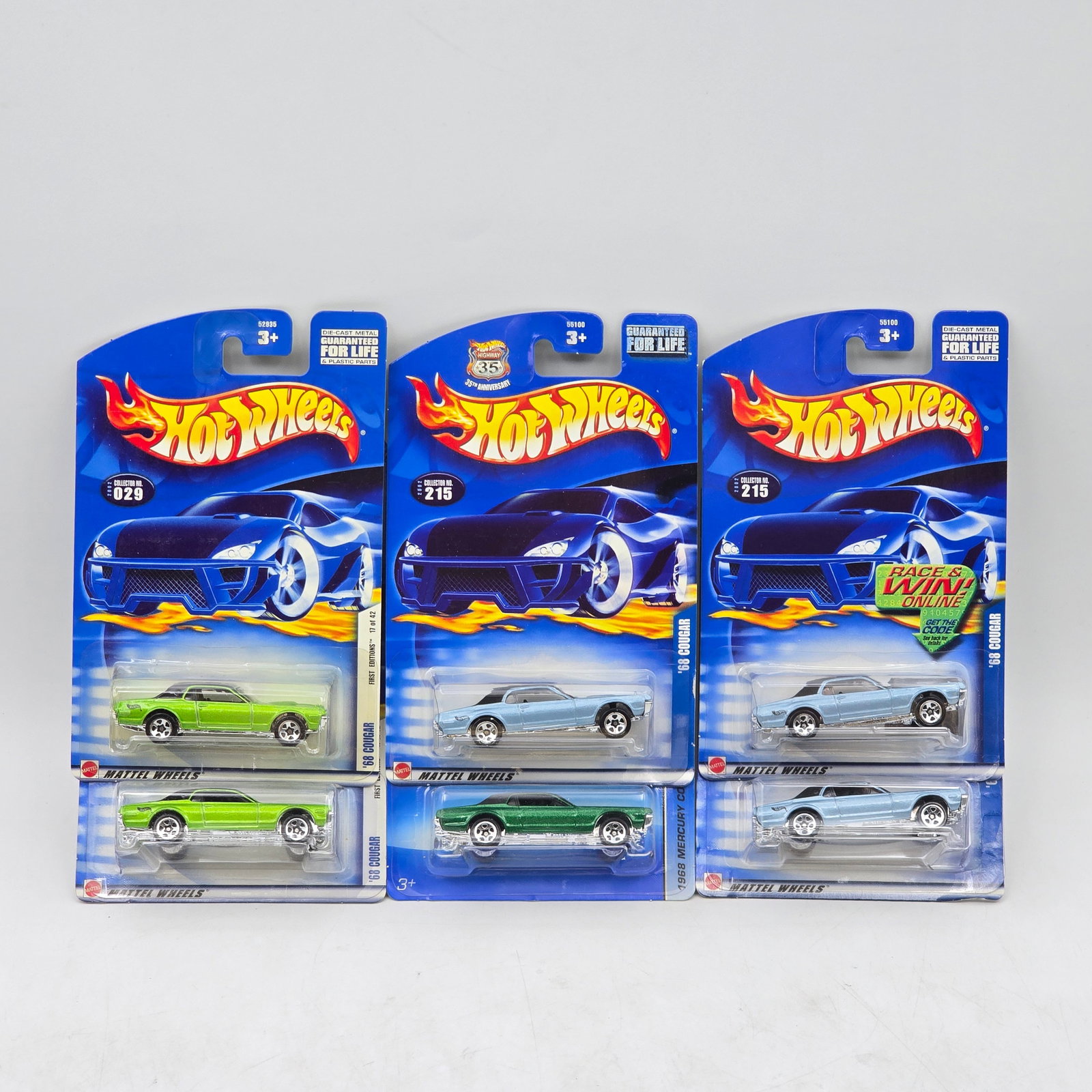 Lot Of 6 Hot Wheels Mercury Cougar Models: Lot of 6 Hot Wheels diecast Mercury Cougar castings. Includes multiple examples in green and light blue, showcasing this classic muscle-era design in varied finishes. All items are unopened in origina