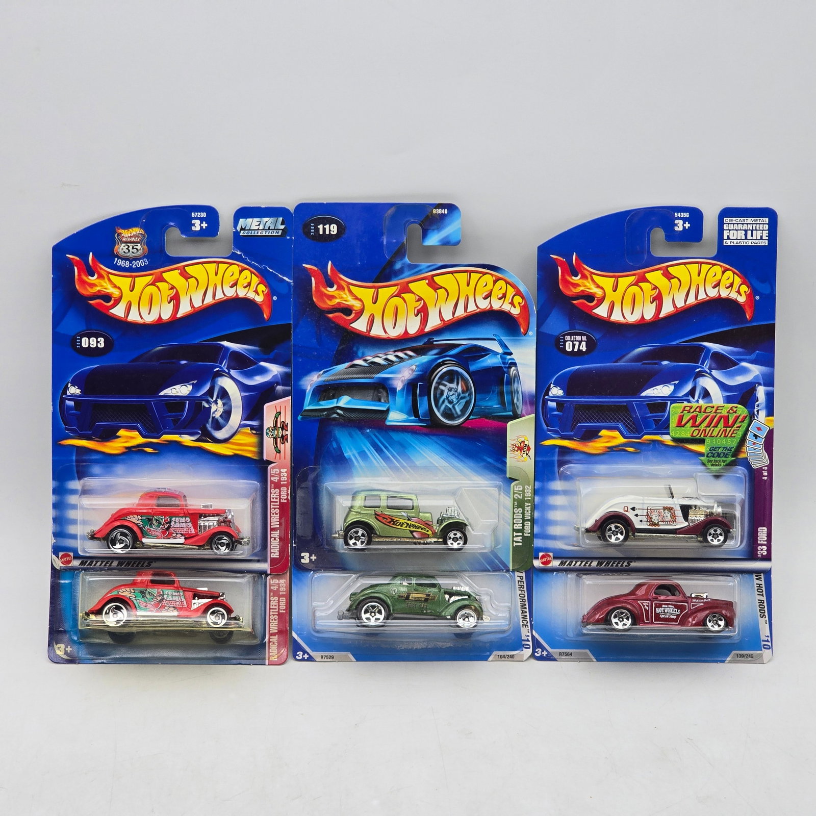 Lot of 6 Hot Wheels Diecast Models Mixed: Group of 6 Hot Wheels diecast vehicles from early 2000s releases, featuring a small themed grouping of vintage-style hot rods and custom castings. Includes multiple variations of the â€™34 For