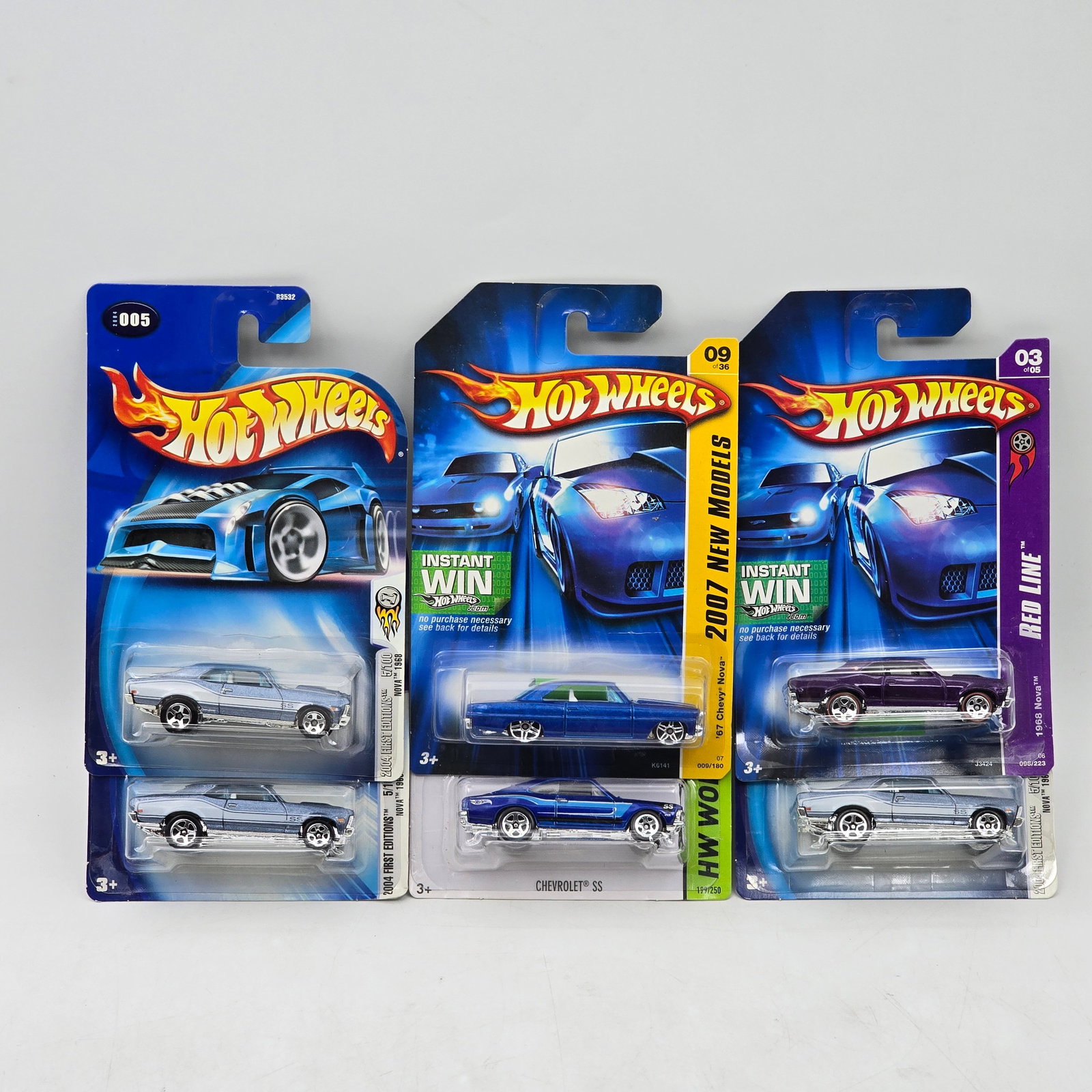Lot Of 6 Hot Wheels Chevy Nova Models: Lot of 6 Hot Wheels diecast Chevrolet Nova castings. Includes a mix of classic Nova designs in silver, blue, and purple, with both clean finishes and subtle graphic deco. All items are unopened in ori