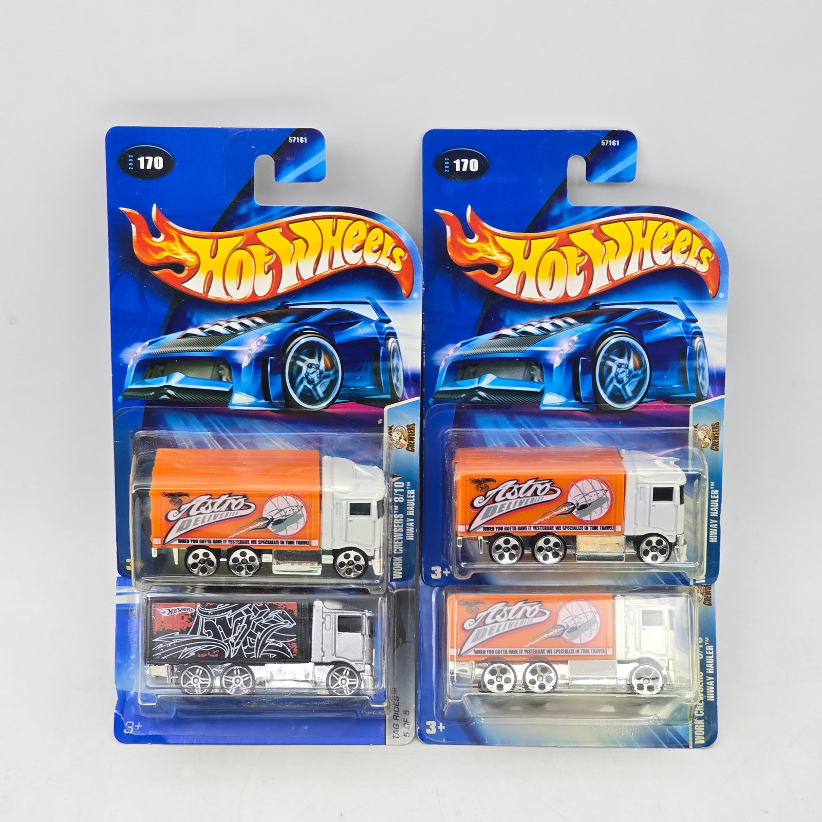 Lot Of 4 Hot Wheels Hiway Hauler Trucks: Lot of 4 Hot Wheels diecast Hiway Hauler castings. Includes three examples with Astros-themed tampos and one additional custom graphic variation. All items are unopened in original blister packaging. 