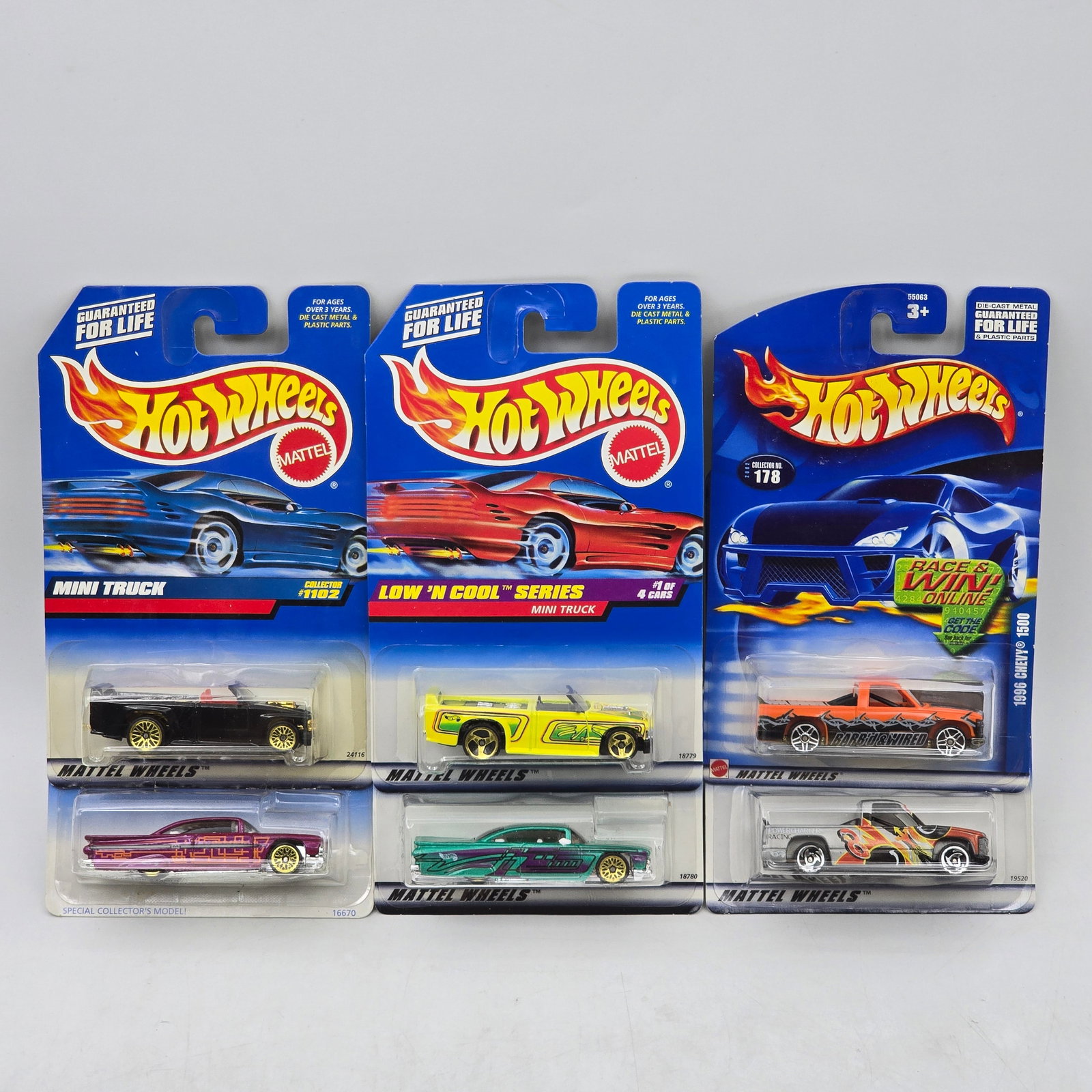 Lot Of 5 Hot Wheels Custom & Mini Truck Models: Lot of 5 Hot Wheels diecast vehicles featuring a mix of custom cars and mini truck castings. Includes Mini Truck and Low â€™N Cool Series examples along with additional custom builds in black,
