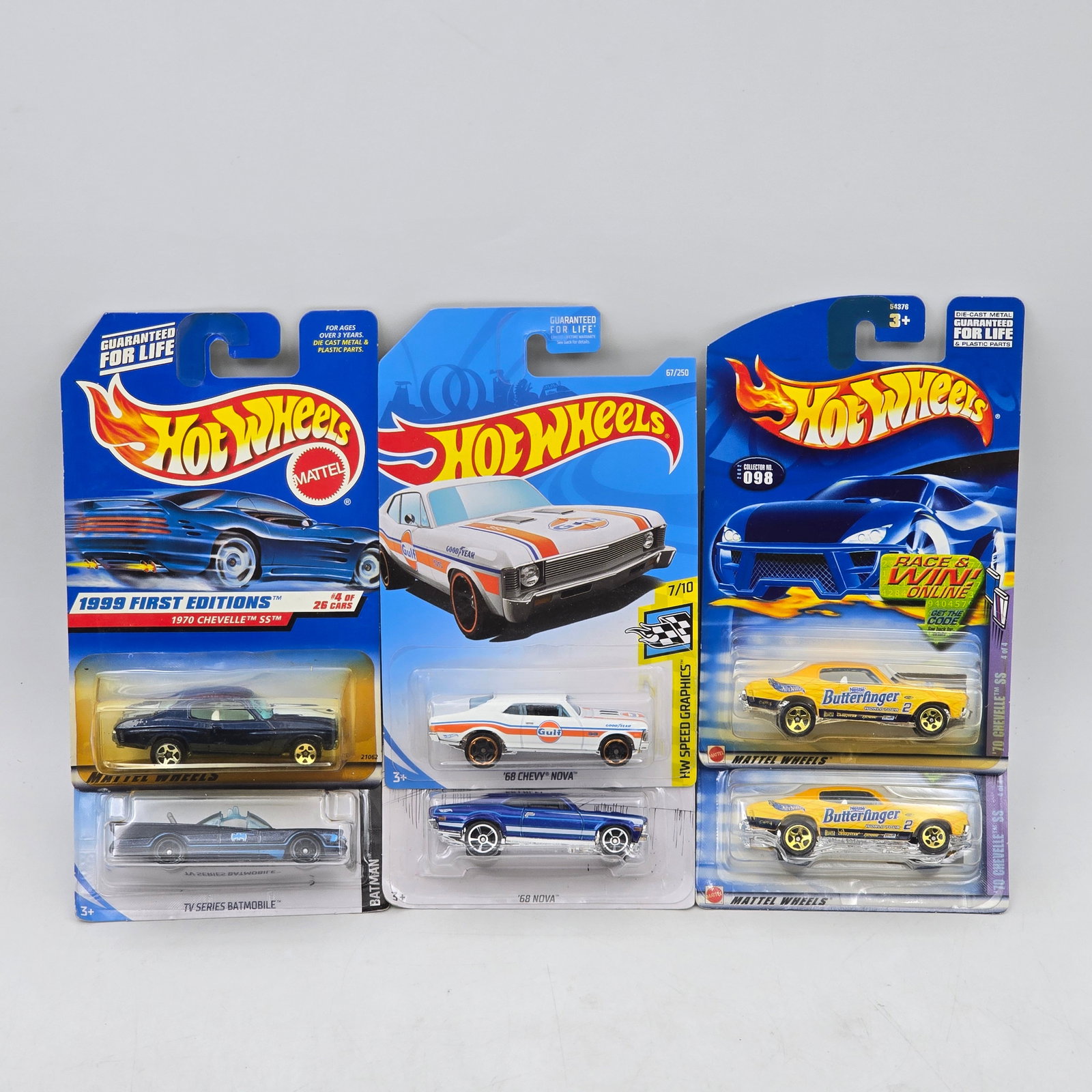 Lot Of 6 Hot Wheels Muscle Models: Lot of 6 Hot Wheels diecast vehicles featuring a mix of muscle and custom-style castings. Includes â€™70 Chevelle SS, â€™68 Chevy Nova, Batmobile, and drag-style Butterfinger models wi
