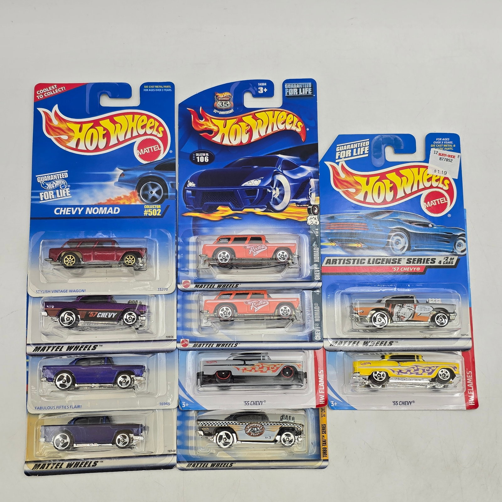 Lot Of 10 Hot Wheels Chevy Models: Lot of 10 Hot Wheels diecast Chevrolet castings. Includes Chevy Nomad, â€™57 Chevy, and additional custom Chevy variants in red, purple, yellow, and black with a mix of clean finishes and grap