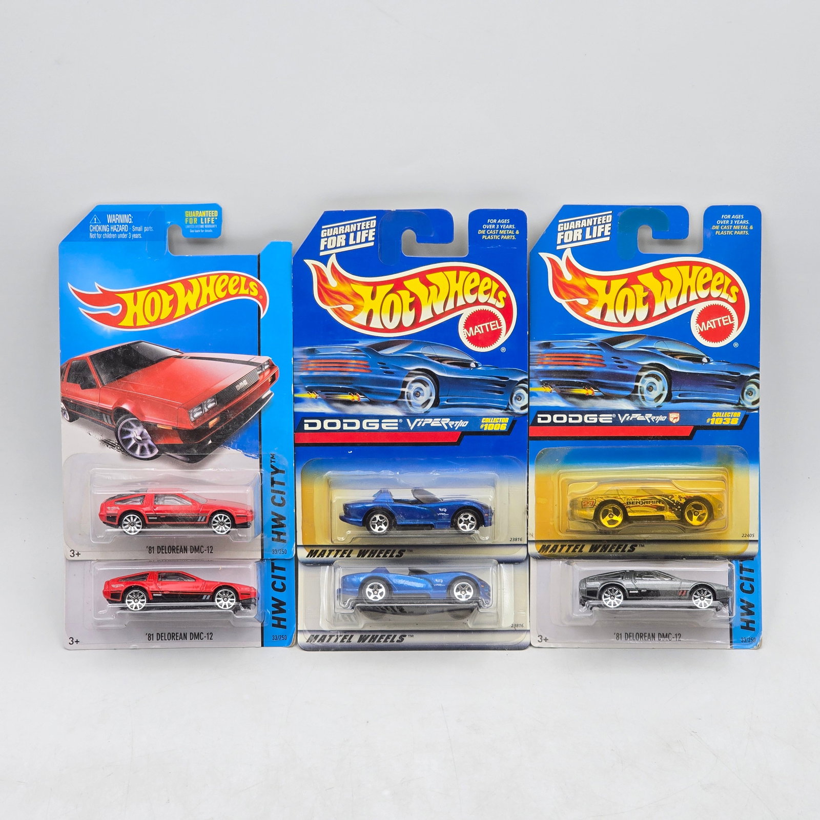 Lot Of 6 Hot Wheels Viper & DeLorean Models: Lot of 6 Hot Wheels diecast vehicles featuring Dodge Viper and DeLorean castings. Includes multiple Dodge Viper RT/10-style roadsters in blue and yellow along with â€™81 DeLorean DMC-12 models