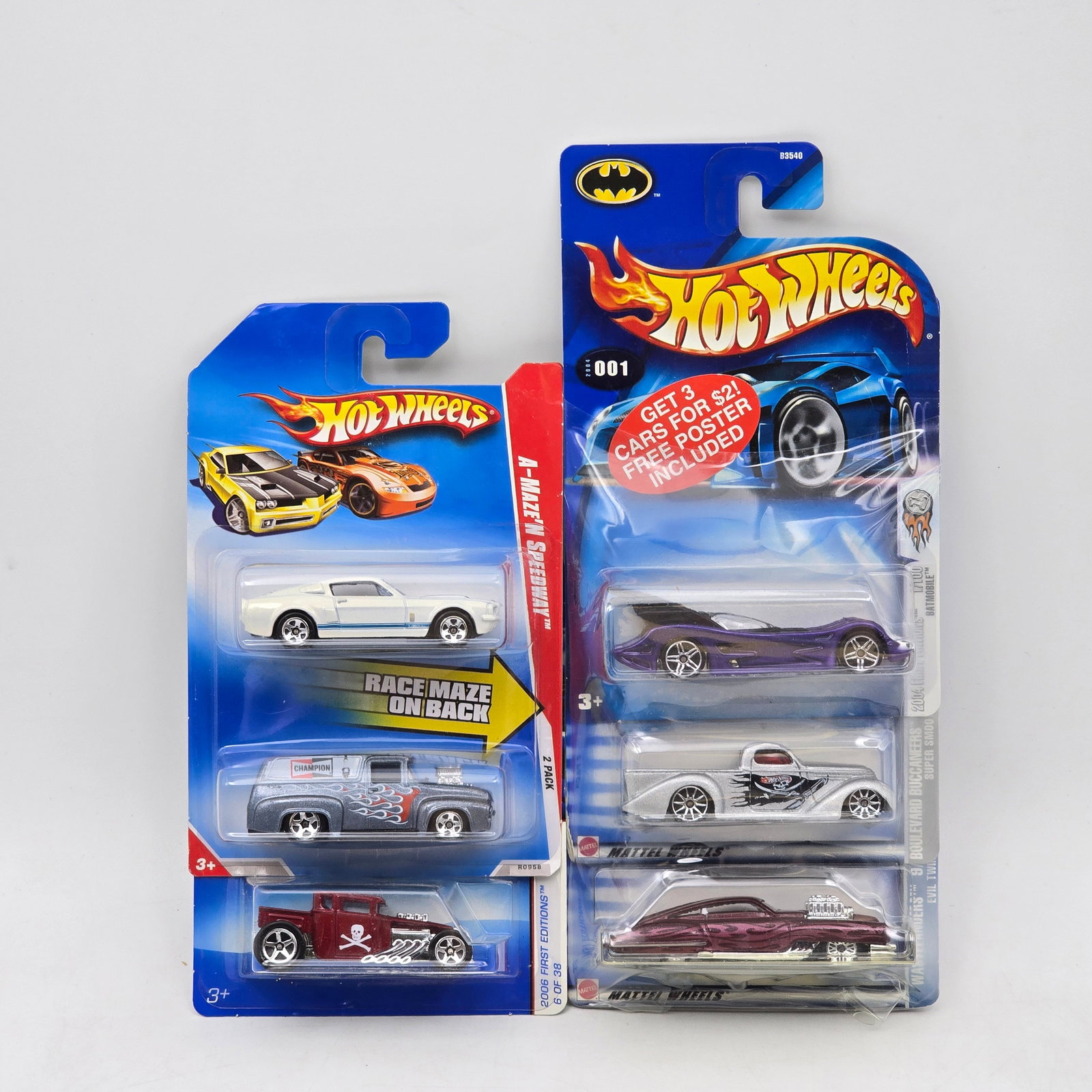 Lot Of 3 Hot Wheels, Multi-Packs & Single: Lot of 3 Hot Wheels items featuring a mix of multi-packs and a single First Edition. Includes one 2-pack, one 3-pack with poster, and a First Edition Bone Shaker casting, with additional custom and ho