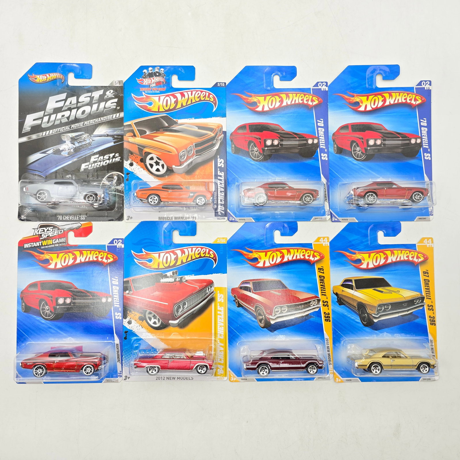 Lot of 8 Hot Wheels Chevy Chevelle Models: Group of 8 Hot Wheels diecast Chevy Chevelle castings from various early 2010s releases, including multiple â€™70 Chevelle SS and â€™67 Chevelle SS 396 variations. Also includes a Fast