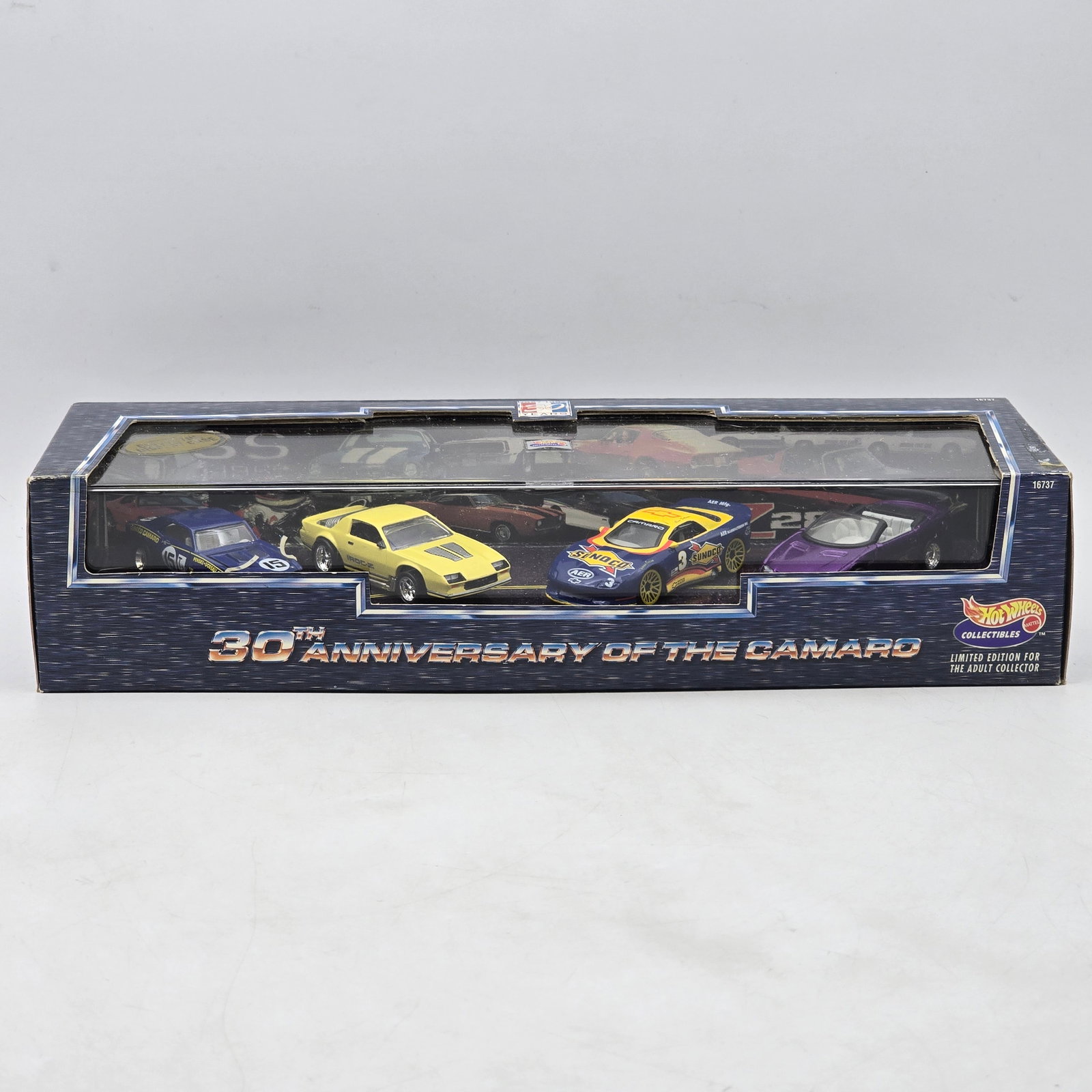 Hot Wheels Collectibles 30th Anniversary of the Camaro Set: Hot Wheels Collectibles 30th Anniversary of the Camaro multi-car boxed set featuring several generations of Chevrolet Camaro models in premium display packaging. This adult collector-oriented release 