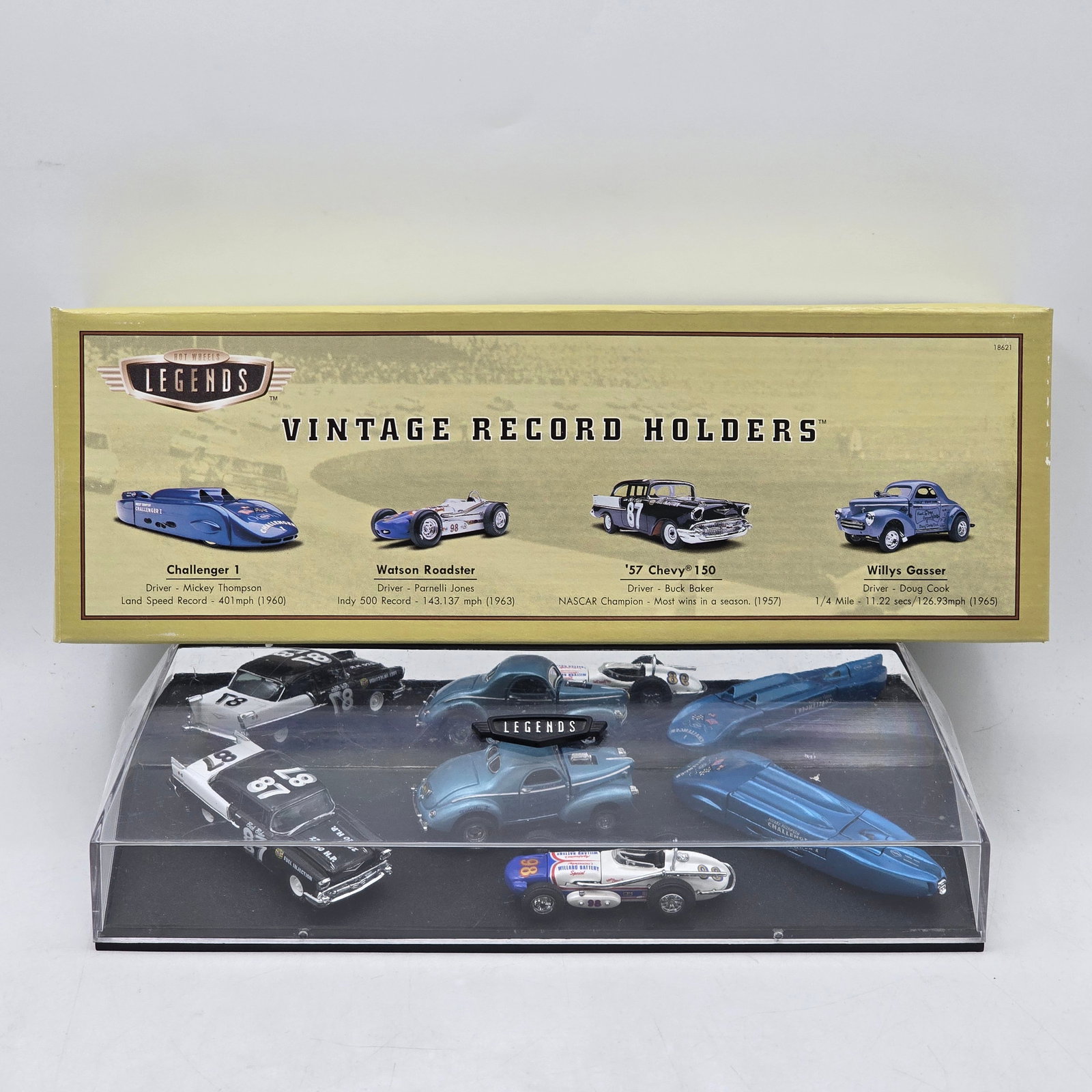 Hot Wheels Legends Vintage Record Holders Set: Hot Wheels Legends Vintage Record Holders collector set featuring four historically significant racing and record-setting vehicles in premium acrylic display packaging. Included models feature: Challe