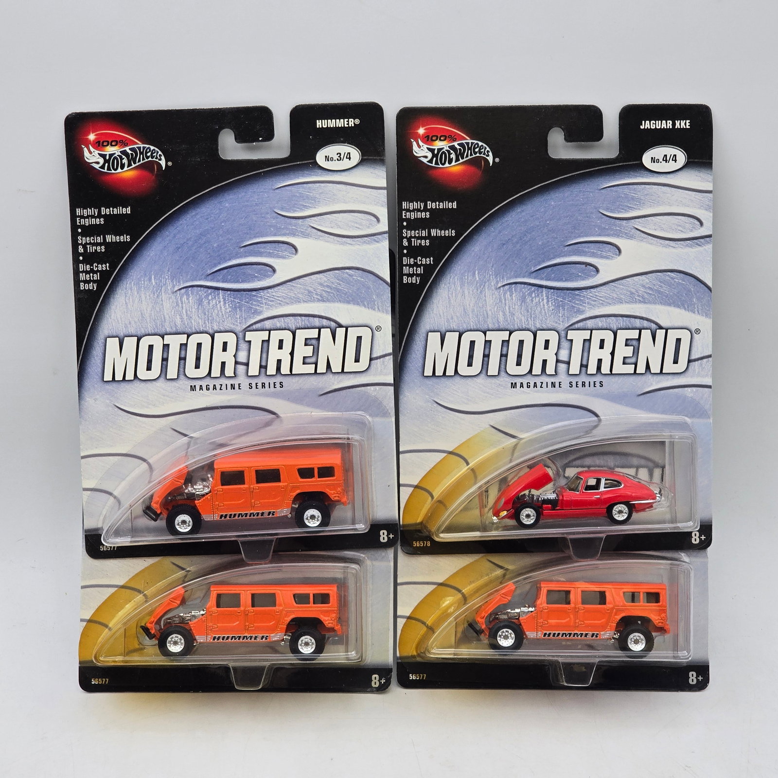 Lot of 4 Hot Wheels Motor Trend Magazine Series Models: Group of 4 Hot Wheels Motor Trend Magazine Series releases featuring Hummer and Jaguar XKE castings in premium collector packaging. These specialty releases showcase detailed engines, premium-style wh