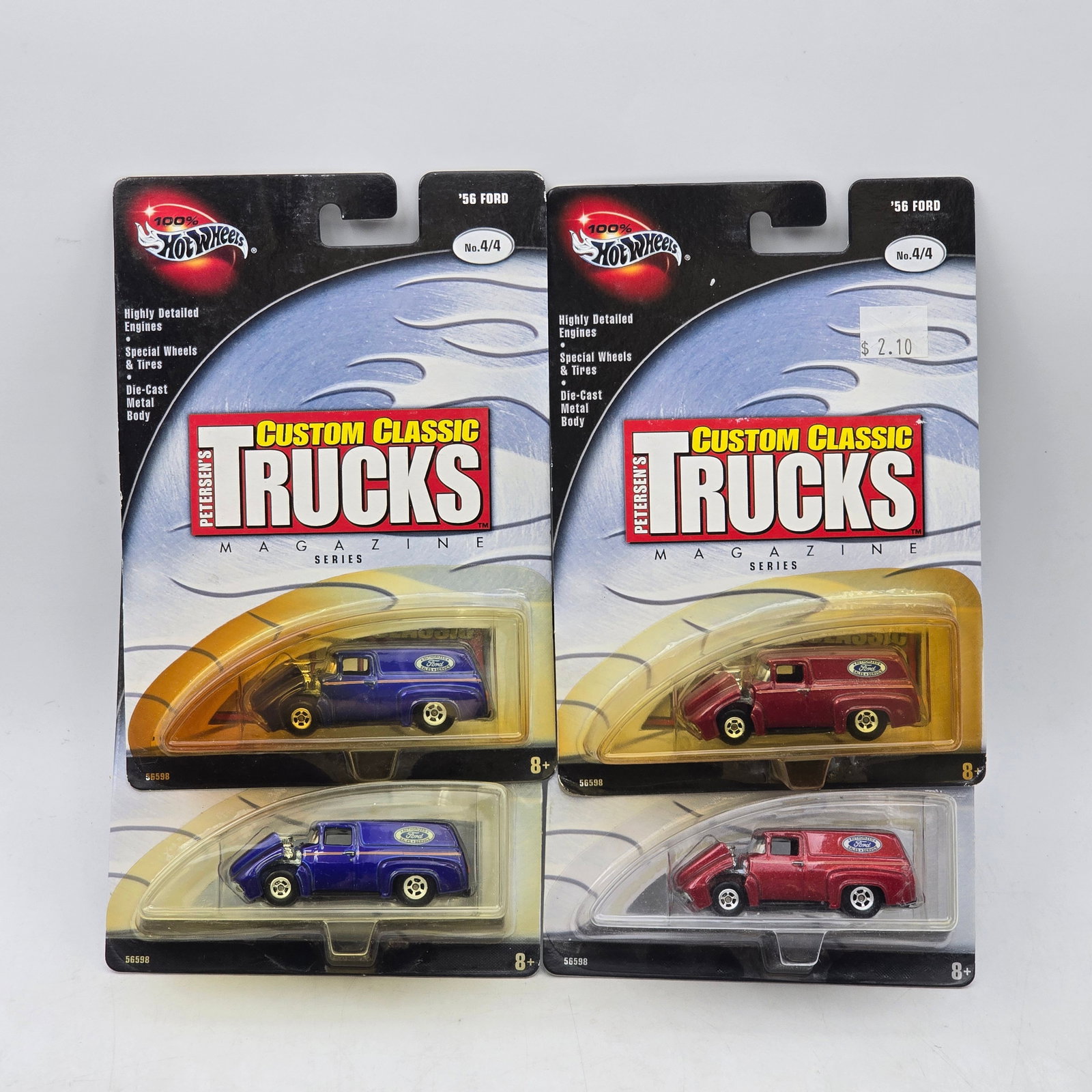 Lot of 4 Hot Wheels Custom Classic Trucks Series Models: Group of 4 Hot Wheels Custom Classic Trucks Magazine Series releases featuring â€™56 Ford panel truck castings in two color variations. This assortment includes 2 matching pairs of duplicates 