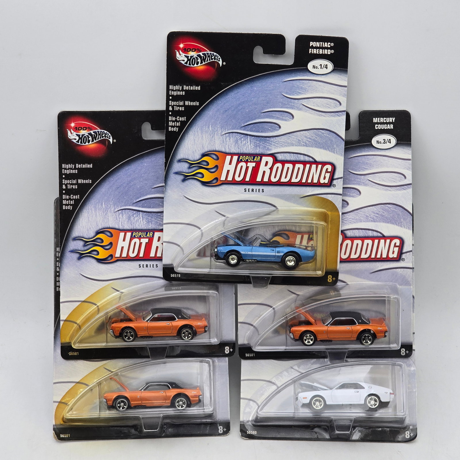 Lot of 5 Hot Wheels Popular Hot Rodding Series Models: Group of 5 Hot Wheels Popular Hot Rodding Series releases featuring Pontiac Firebird and Mercury Cougar castings, including duplicate variations. These premium collector-oriented releases feature deta