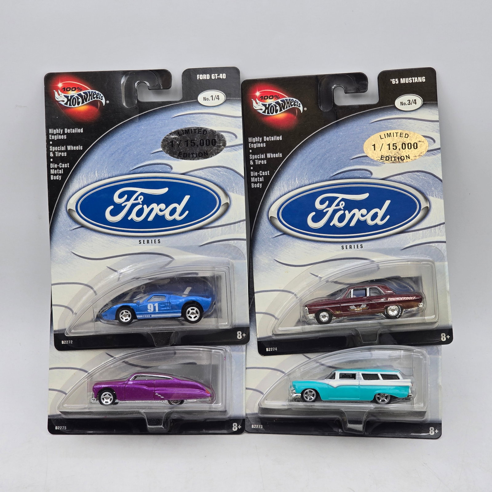 Lot of 4 100% Hot Wheels Ford Series Models: Group of 4 100% Hot Wheels Ford Series limited edition releases featuring a mix of classic Ford performance and custom vehicle castings. Included models feature premium-style detailing with highly