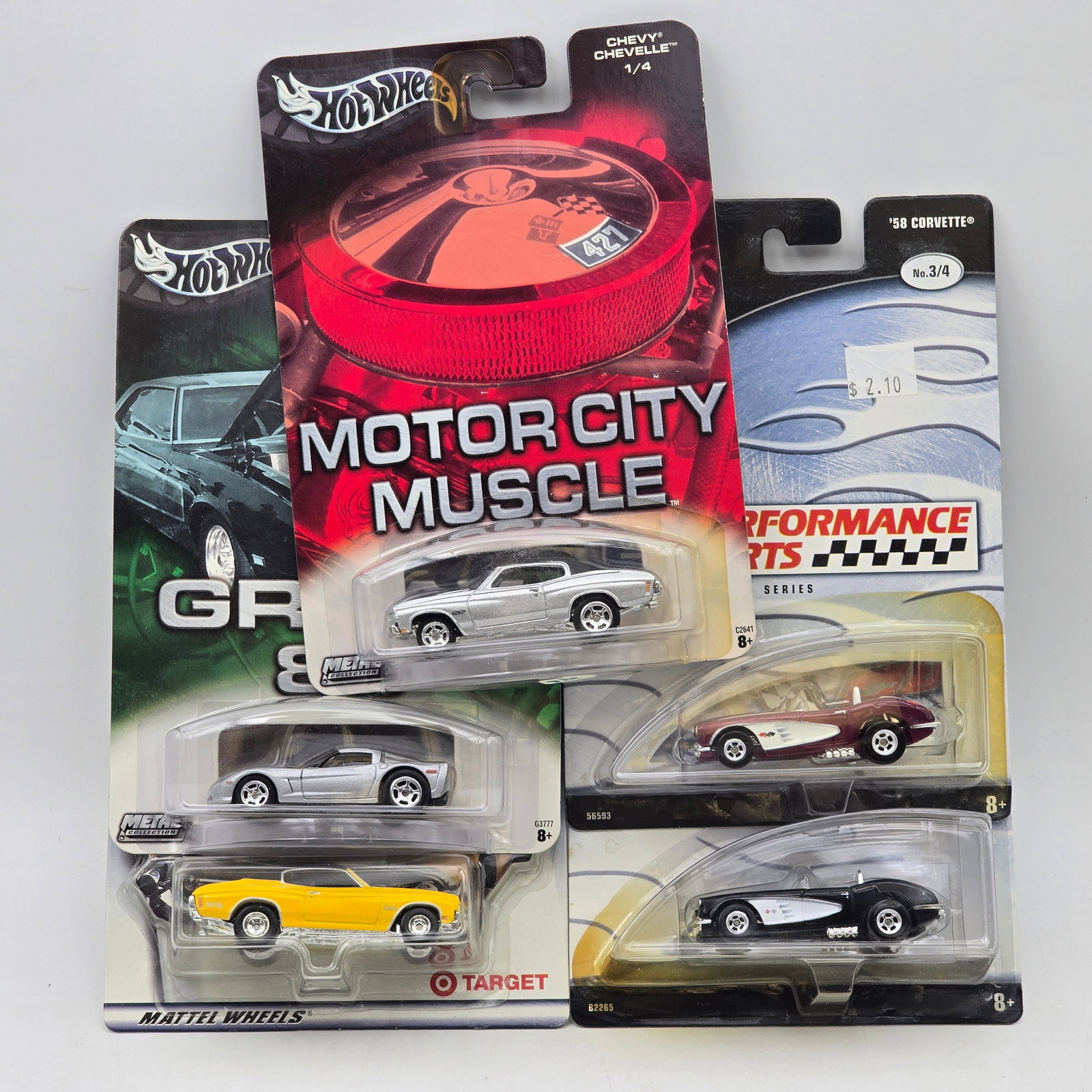 Mixed Lot of 5 Hot Wheels Special Series Models: Mixed group of 5 Hot Wheels special series releases including 1 Editorâ€™s Choice model, 2 100% Hot Wheels Corvette releases, 1 Motor City Muscle Series model, and 1 Great 8s Series release. T