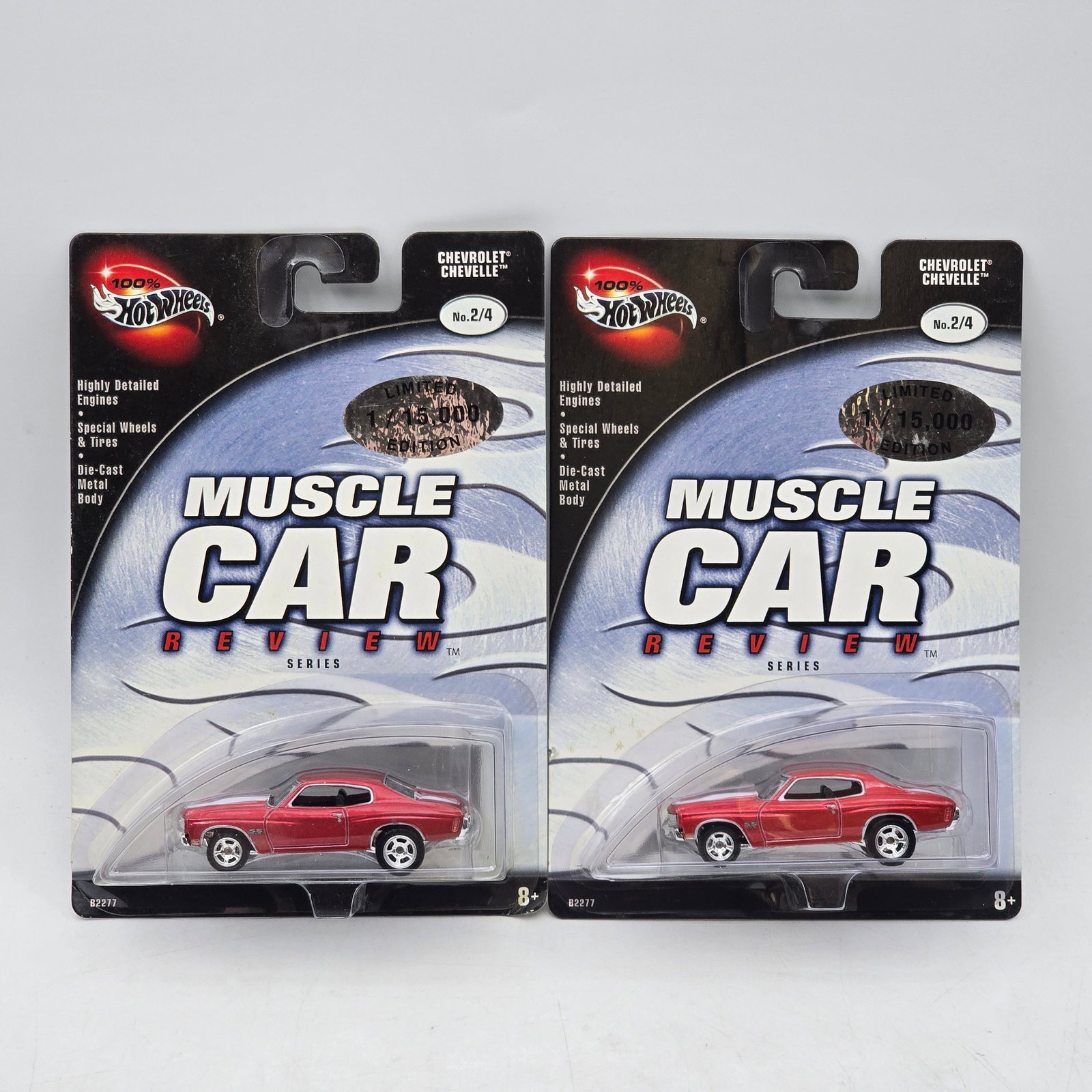 Pair of 100% Hot Wheels Muscle Car Review Series Chevelles: Pair of 100% Hot Wheels Muscle Car Review Series releases featuring Chevrolet Chevelle castings in matching color variations. These premium collector-oriented releases feature highly detailed engines,