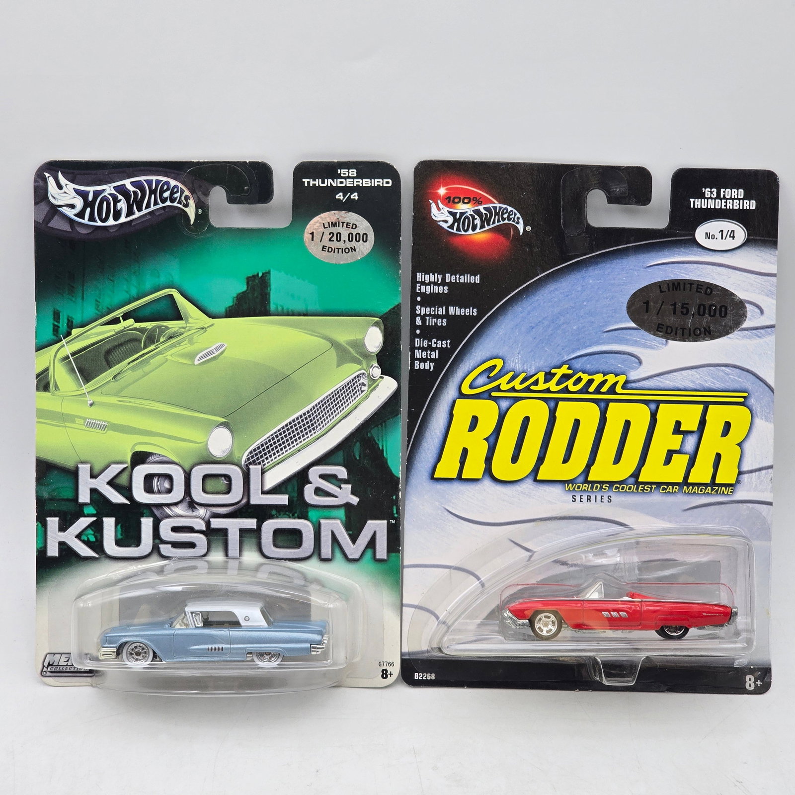 Pair of Hot Wheels Special Series Thunderbird Models: Pair of Hot Wheels special series releases featuring Ford Thunderbird castings from the Kool & Kustom and Custom Rodder magazine-inspired series. These premium collector-oriented releases feature 