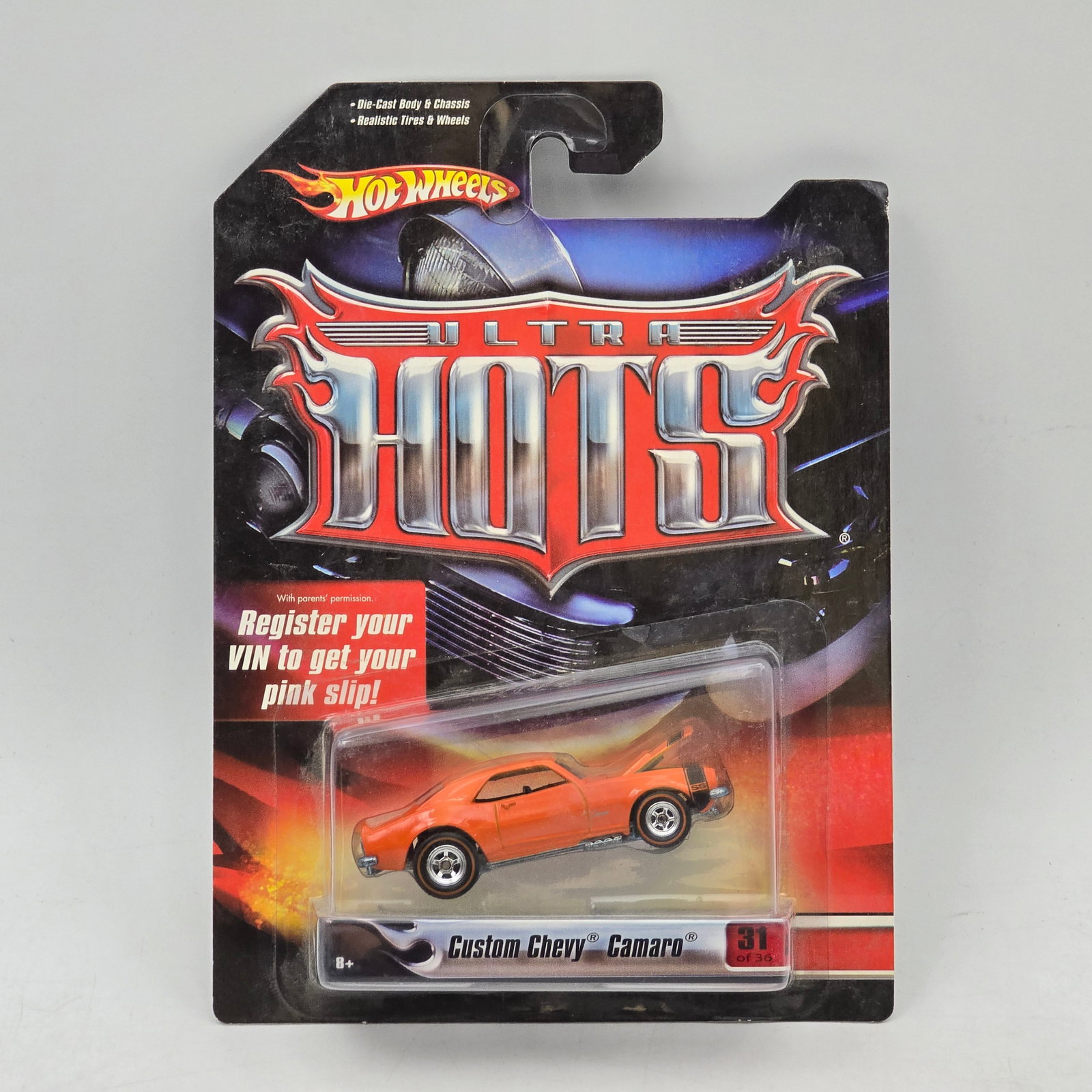 Hot Wheels Ultra Hots Custom Chevy Camaro: Hot Wheels Ultra Hots release featuring a Custom Chevy Camaro casting in premium collector packaging. This collector-oriented release features die-cast body and chassis construction, realistic wheels
