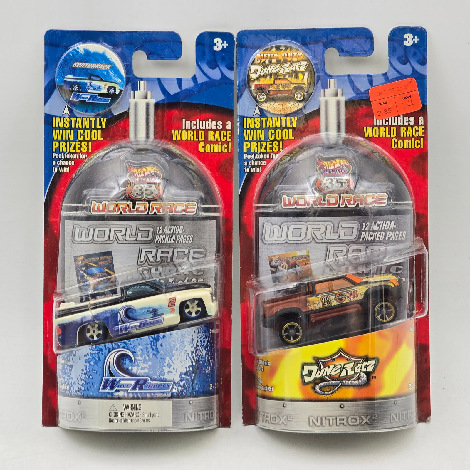 Pair of Hot Wheels Highway 35 World Race Models: Pair of Hot Wheels Highway 35 World Race series releases featuring Wave Rippers and Dune Ratz team vehicles from the early 2000s World Race line, produced circa 2003. These action-oriented collector