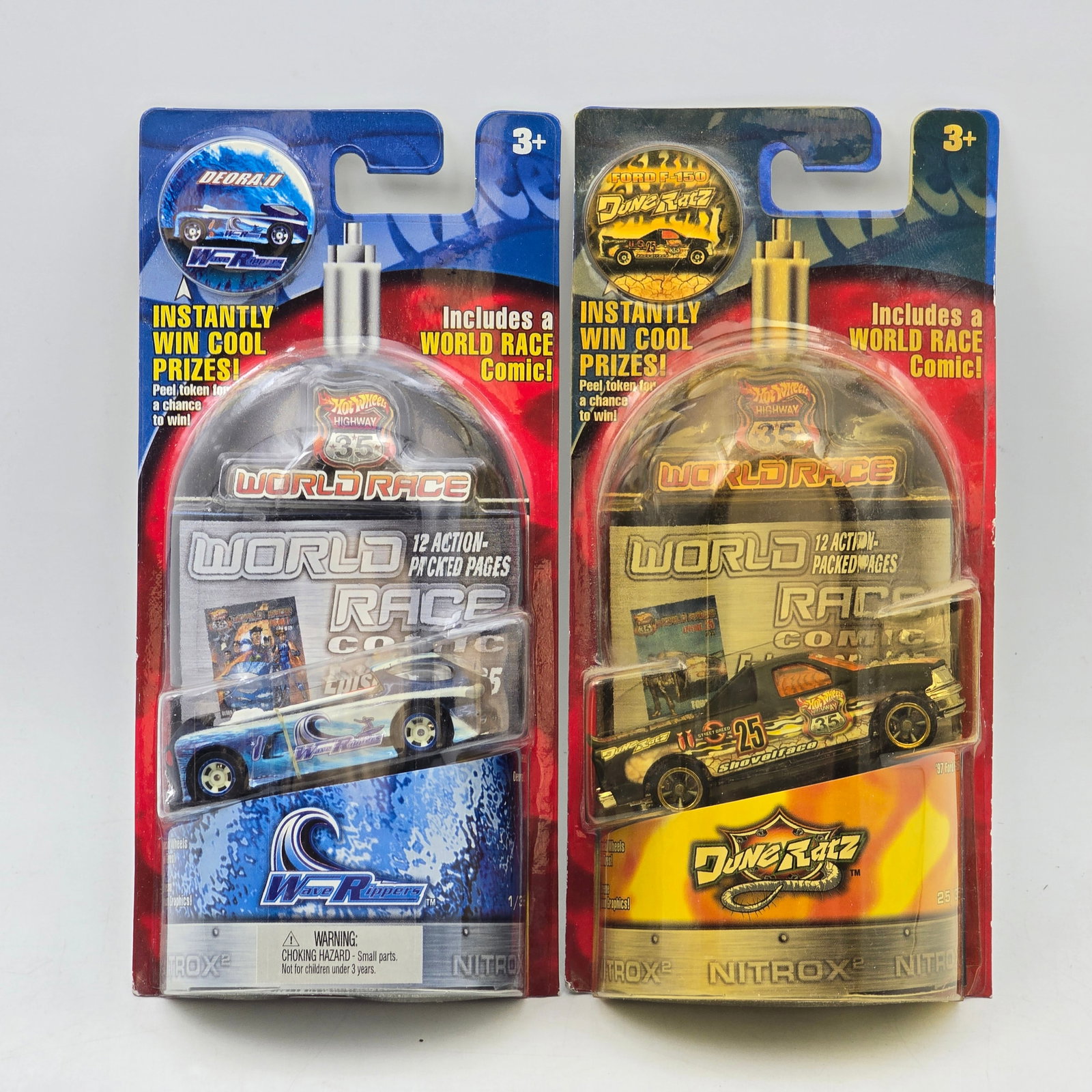 Pair of Hot Wheels Highway 35 World Race Models: Pair of Hot Wheels Highway 35 World Race series releases featuring Wave Rippers and Dune Ratz team vehicles from the early 2000s World Race line, produced circa 2003. These action-oriented collector