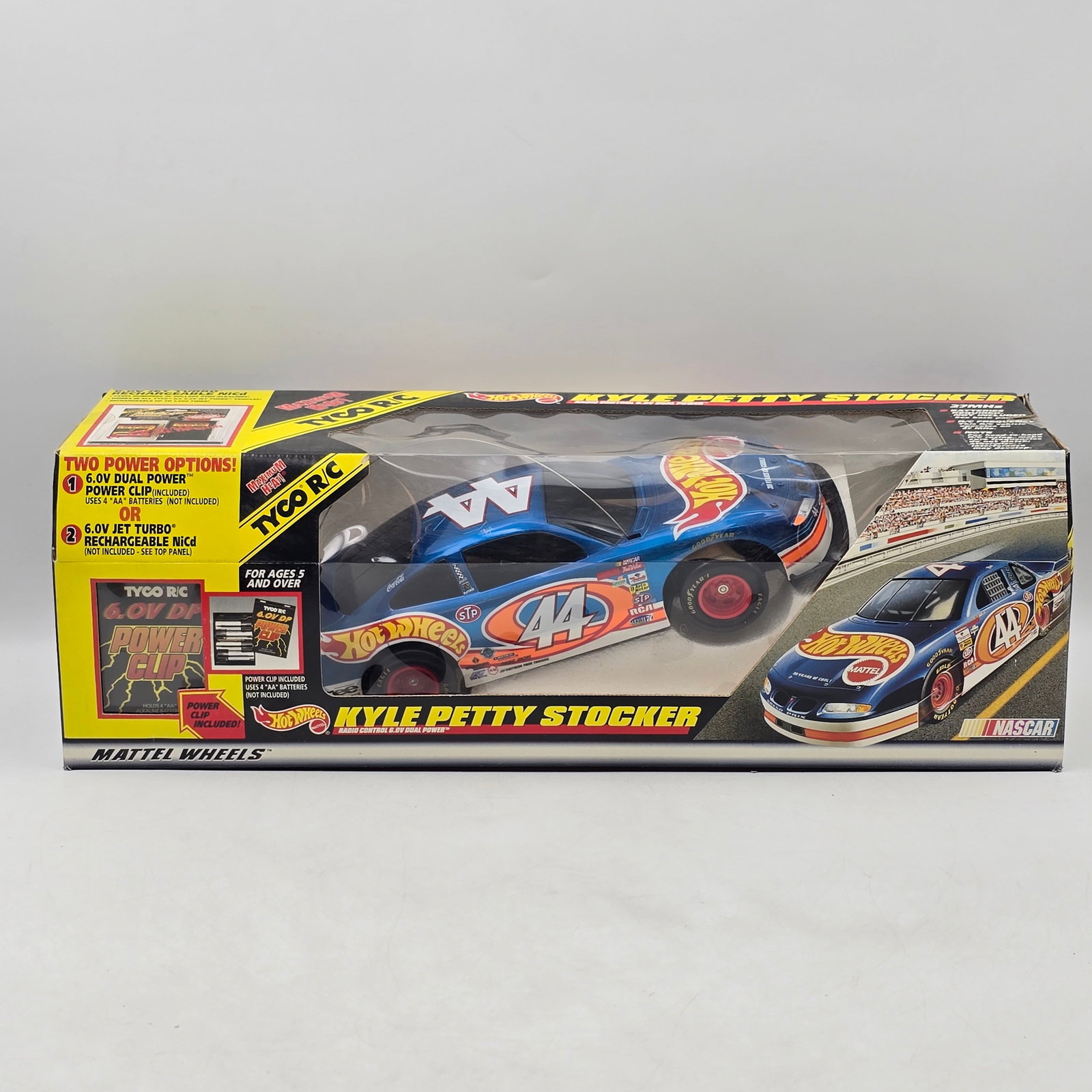 Hot Wheels Tyco Kyle Petty R/C Stocker: Hot Wheels and Tyco R/C Kyle Petty Stocker radio control vehicle, produced circa late 1990s. This NASCAR-themed release features Kyle Pettyâ€™s iconic #44 Hot Wheels stock car livery with full