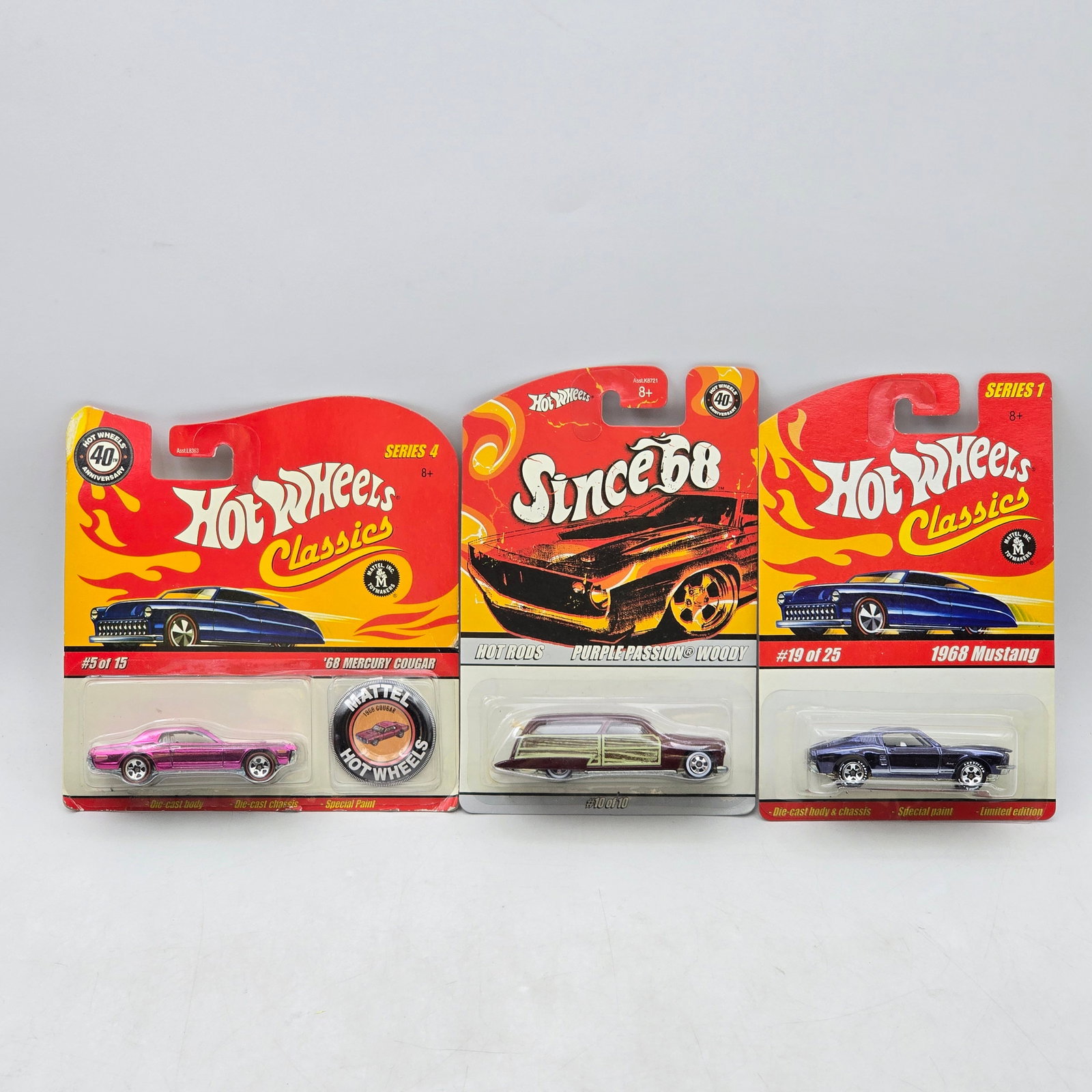 Lot of 3 Hot Wheels Special Series Models: Group of 3 Hot Wheels specialty series releases, produced circa 2007â€“2008. This assortment includes Hot Wheels Classics releases featuring a â€™68 Mercury Cougar and 1968 Mustang alo