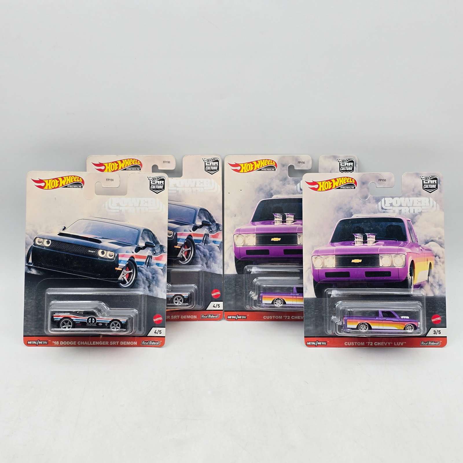 Lot of 4 Hot Wheels Car Culture Premiums: Includes (2) â€™18 Dodge Challenger SRT Demon and (2) Custom â€™72 Chevy LUV premium releases from the Power Trip series. Cars-Look to be in good condition with no notable wear.