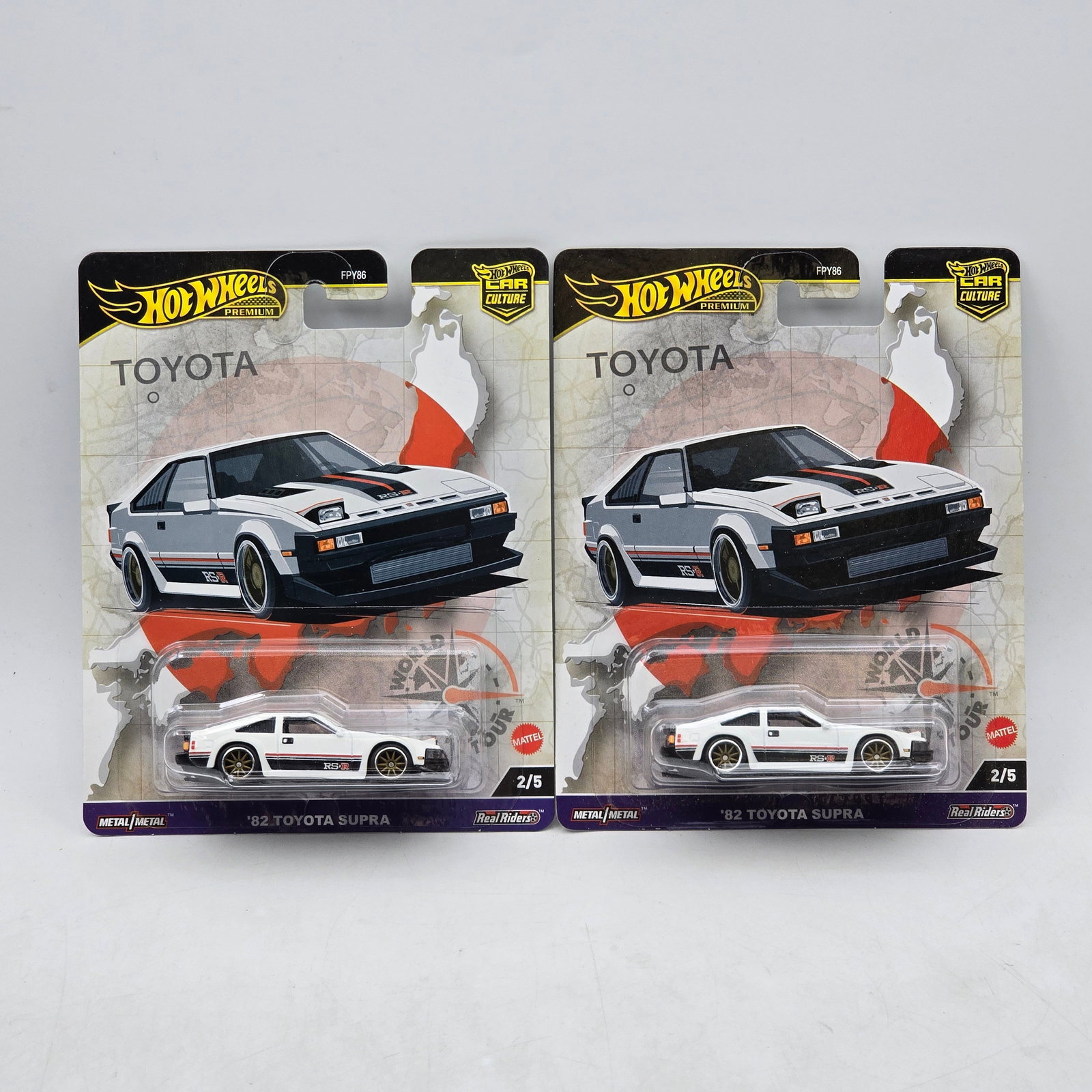 Hot Wheels Supras: Includes (2) â€™82 Toyota Supra premium models from the Car Culture Toyota series. Cars-Appear to be in good condition with clean paint, sharp tampo detail, and no obvious wear visible. Cards-