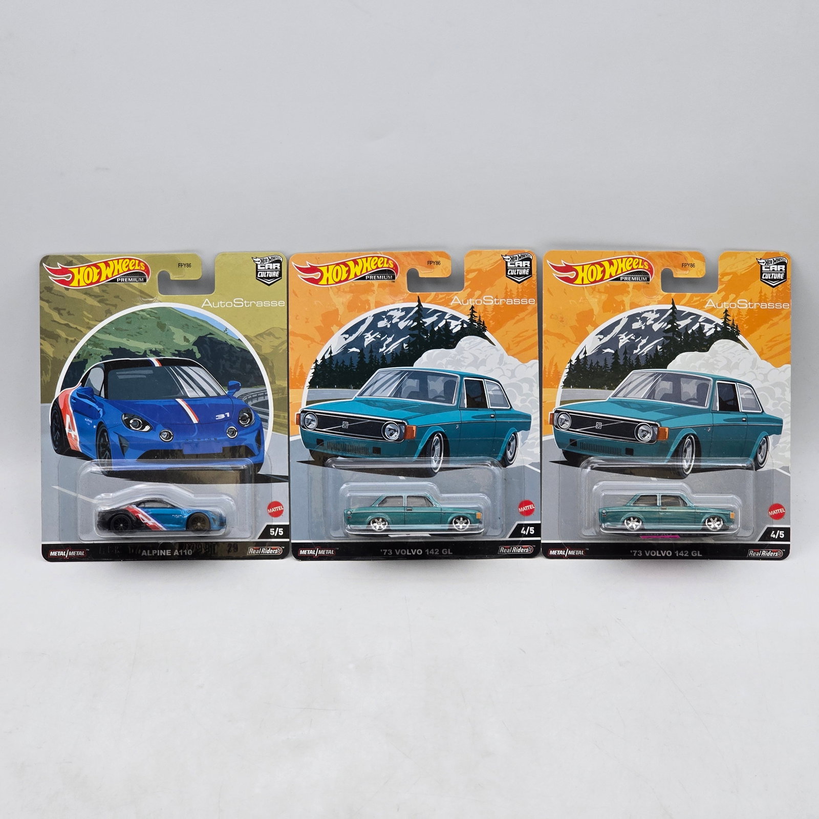 Lot of 3 Hot Wheels Premium Models: Includes (2) â€™73 Volvo 142 GL and (1) Alpine A110 premium models from the Car Culture AutoStrasse series. Cars-Appear to be in good condition with clean paint, sharp tampo detail, and no