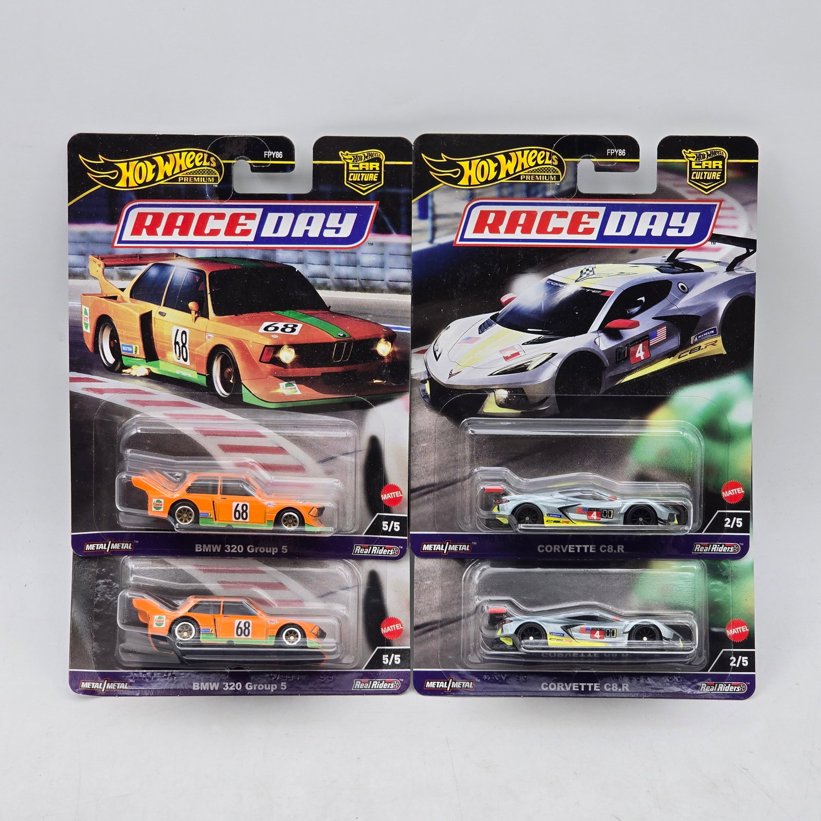 Lot of 4 Hot Wheels Race Day Premiums: Includes pairs of BMW 320 Group 5 and Corvette C8.R premium models from the Car Culture Race Day series. Cars-Look to be in good condition with no notable wear visible. Paint, tampos, glass, base and 