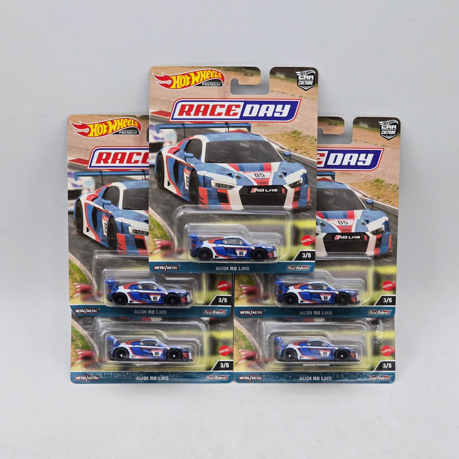 Lot of 5 Hot Wheels Race Day Premiums: Includes (5) Audi R8 LMS premium models from the Car Culture Race Day series. Cars-Appear to be in good condition with clean paint, sharp tampo detail, and no obvious wear visible. Cards-Show light