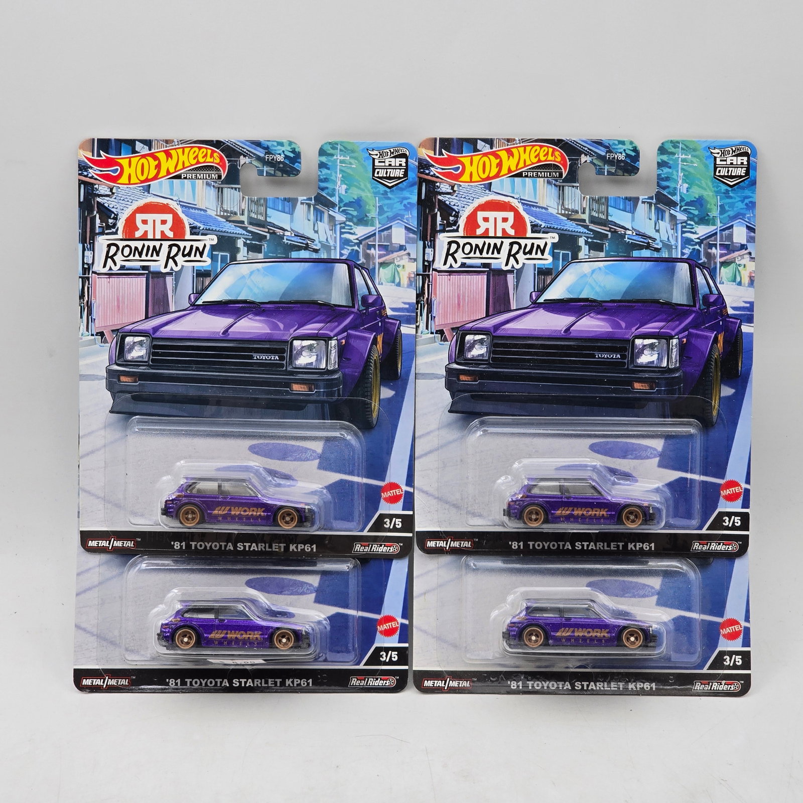 Lot of 4 Hot Wheels Ronin Run II Premiums: Includes (4) â€™81 Toyota Starlet KP61 premium models from the Car Culture Ronin Run II series. Cars-Look to be in good condition with no notable wear visible. Paint, tampos, glass, base and