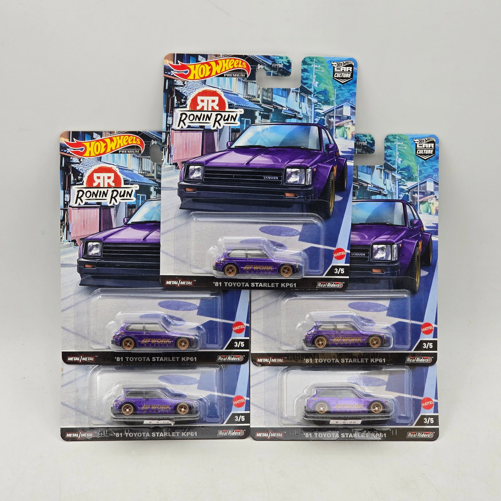 Lot of 5 Hot Wheels Ronin Run Premiums: Includes (5) â€™81 Toyota Starlet KP61 premium models from the Car Culture Ronin Run series. Cars-Look to be in good condition with no notable wear visible. Paint, tampos, glass, base and
