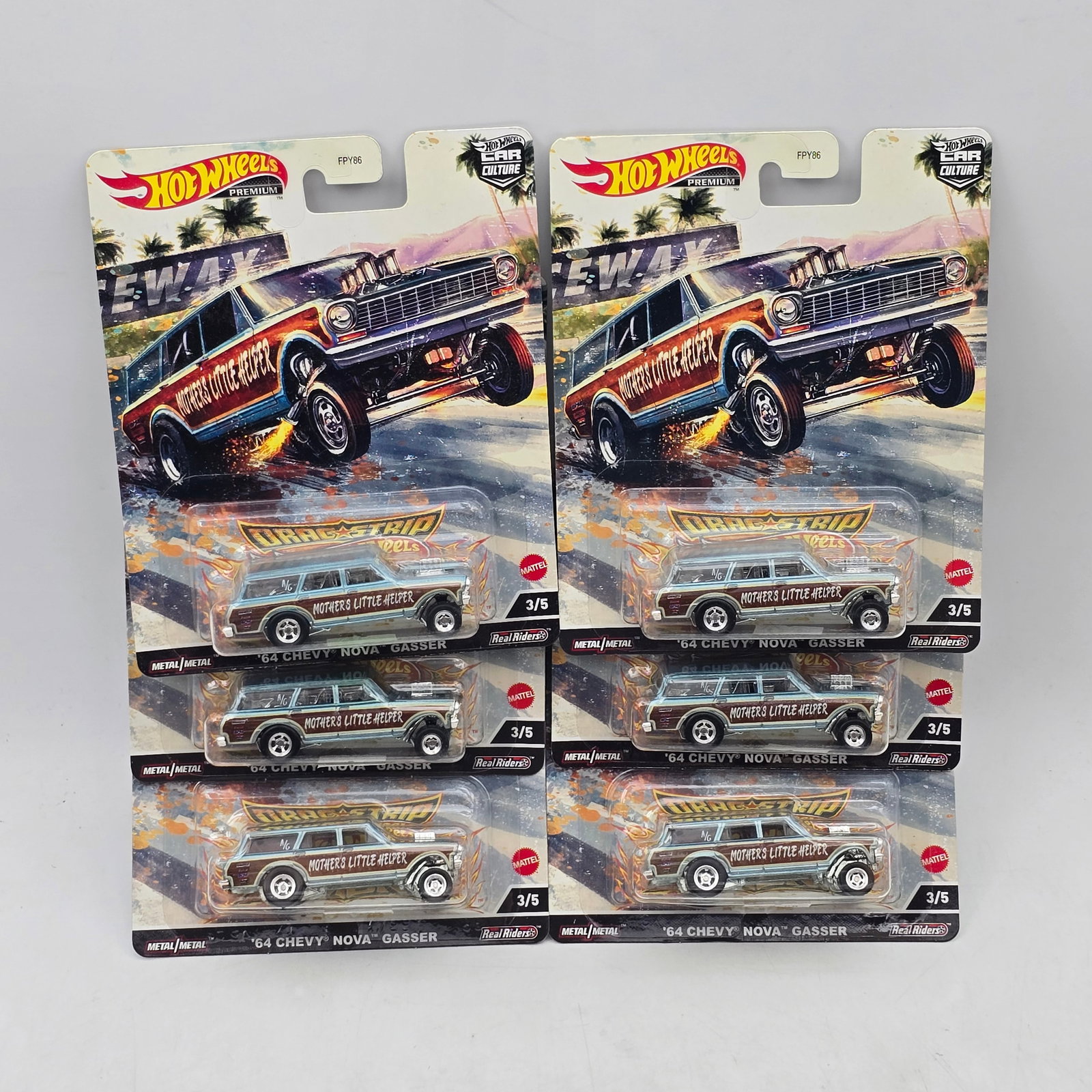 Lot of 6 Hot Wheels Drag Strip Demons: Includes (6) â€™64 Chevy Nova Gasser premium models from the Car Culture Drag Strip Demons series featuring Mothers Little Helper graphics. Cars-Look to be in good condition with no notable we