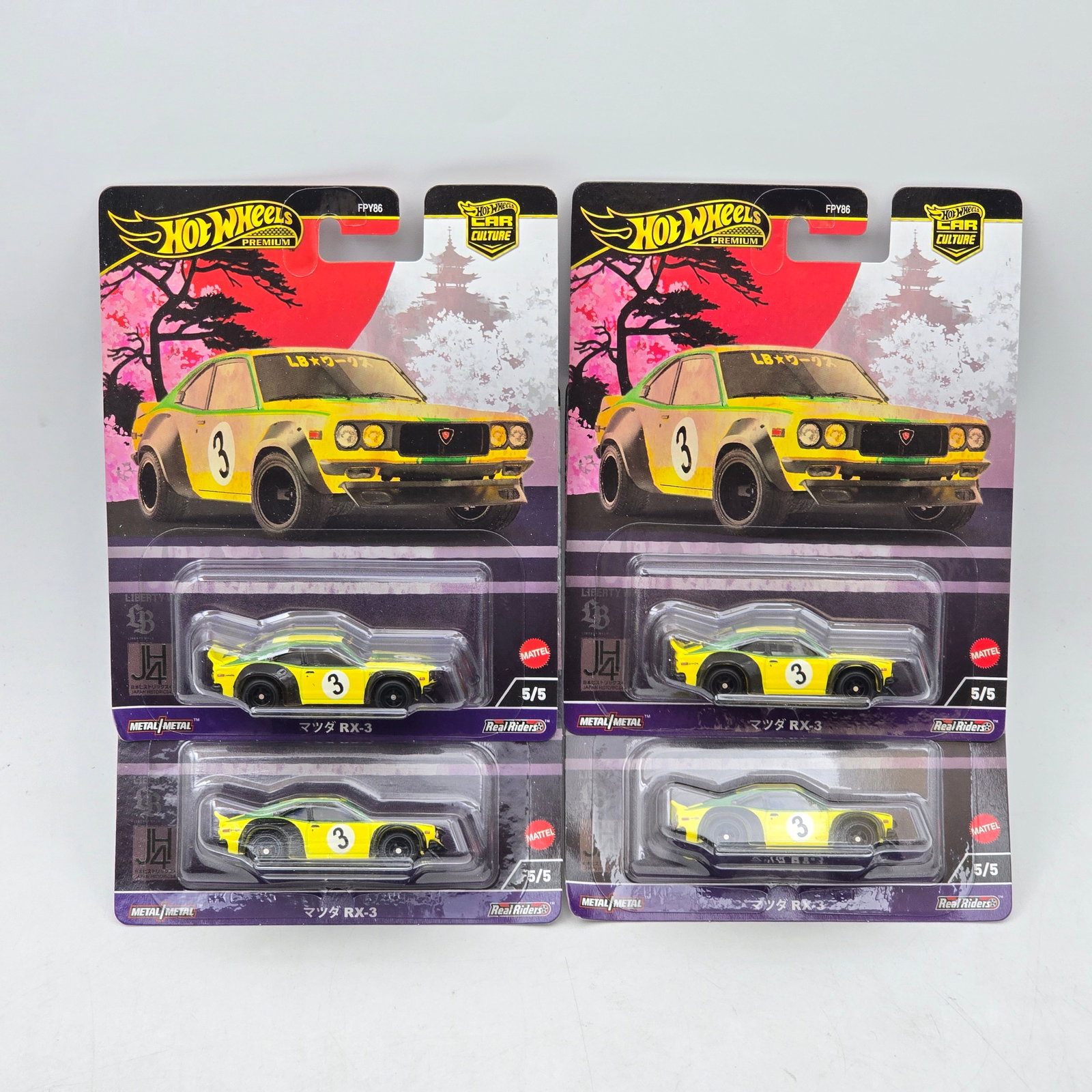Lot of 4 Hot Wheels Japan Historics 4 Premiums: Includes (4) Mazda RX-3 premium models from the Car Culture Japan Historics 4 series. Cars-Look to be in good condition with no notable wear visible. Paint, tampo detail, glass, base and Real Riders w