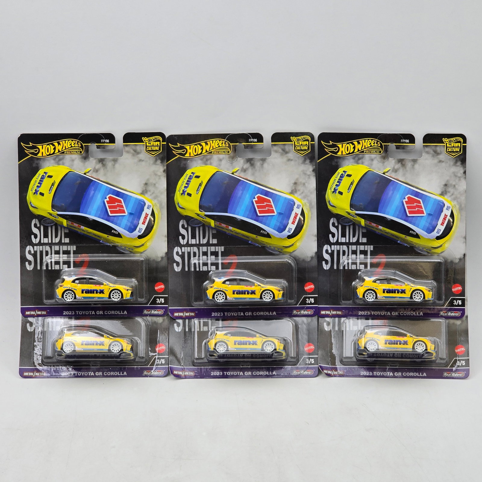 Lot of 6 Hot Wheels Slide Street 2 Premiums: Includes (6) 2023 Toyota GR Corolla premium models from the Car Culture Slide Street 2 series featuring Rain-X livery. Cars-Appear to be in good condition with clean paint, sharp tampo detail, and no 