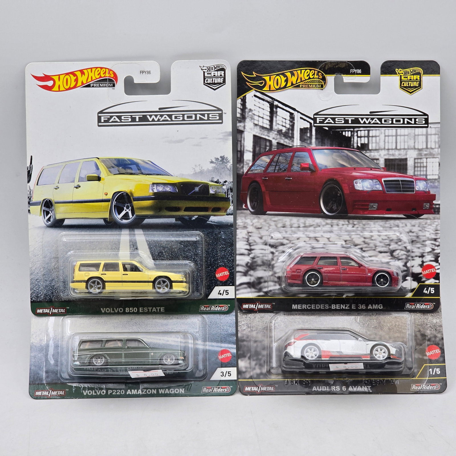 Lot of 4 Hot Wheels Fast Wagons Premiums: Includes Volvo 850 Estate, Volvo P220 Amazon Wagon, Mercedes-Benz E 36 AMG, and Audi RS 6 Avant premium models from the Car Culture Fast Wagons series. Cars-Look to be in good condition with no notabl