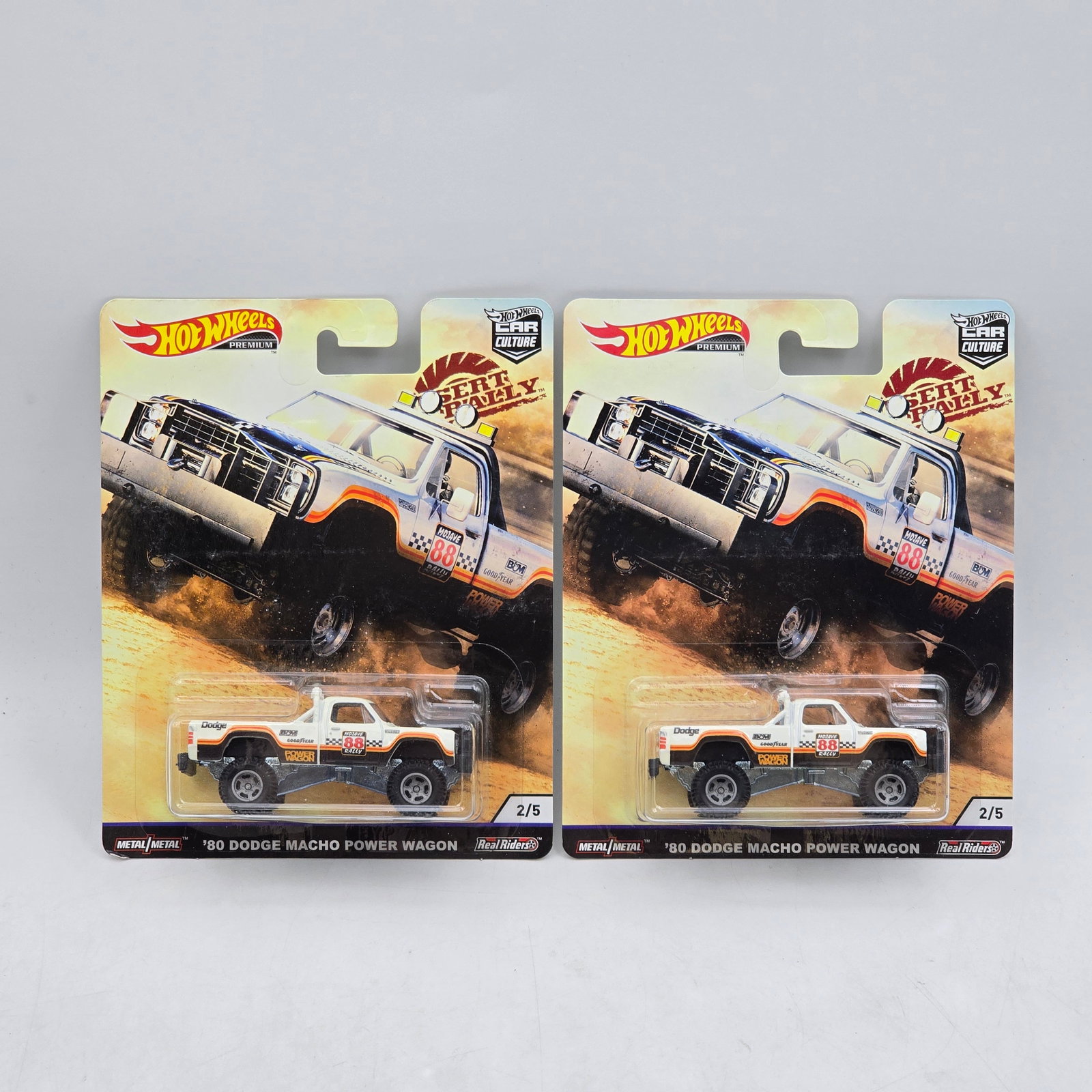 Pair of Hot Wheels Desert Rally Premiums: Includes (2) â€™80 Dodge Macho Power Wagon premium models from the Car Culture Desert Rally series. Cars-Look to be in good condition with no notable wear visible. Paint, tampos, glass, base a