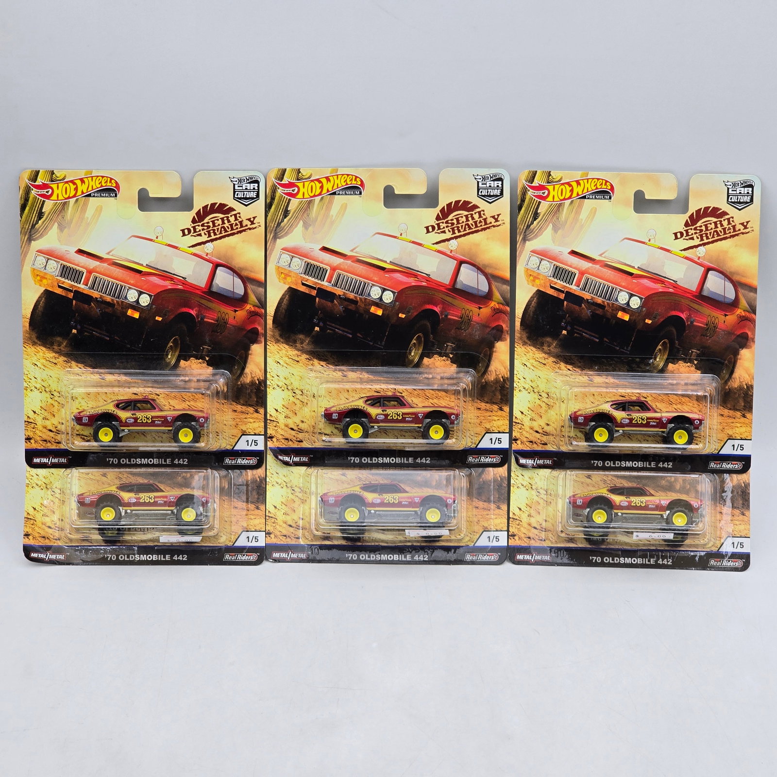 Lot of 6 Hot Wheels Desert Rally Premiums: Includes (6) â€™70 Oldsmobile 442 premium models from the Car Culture Desert Rally series. Cars-Look to be in good condition with no notable wear visible. Paint, tampos, glass, base and Real R