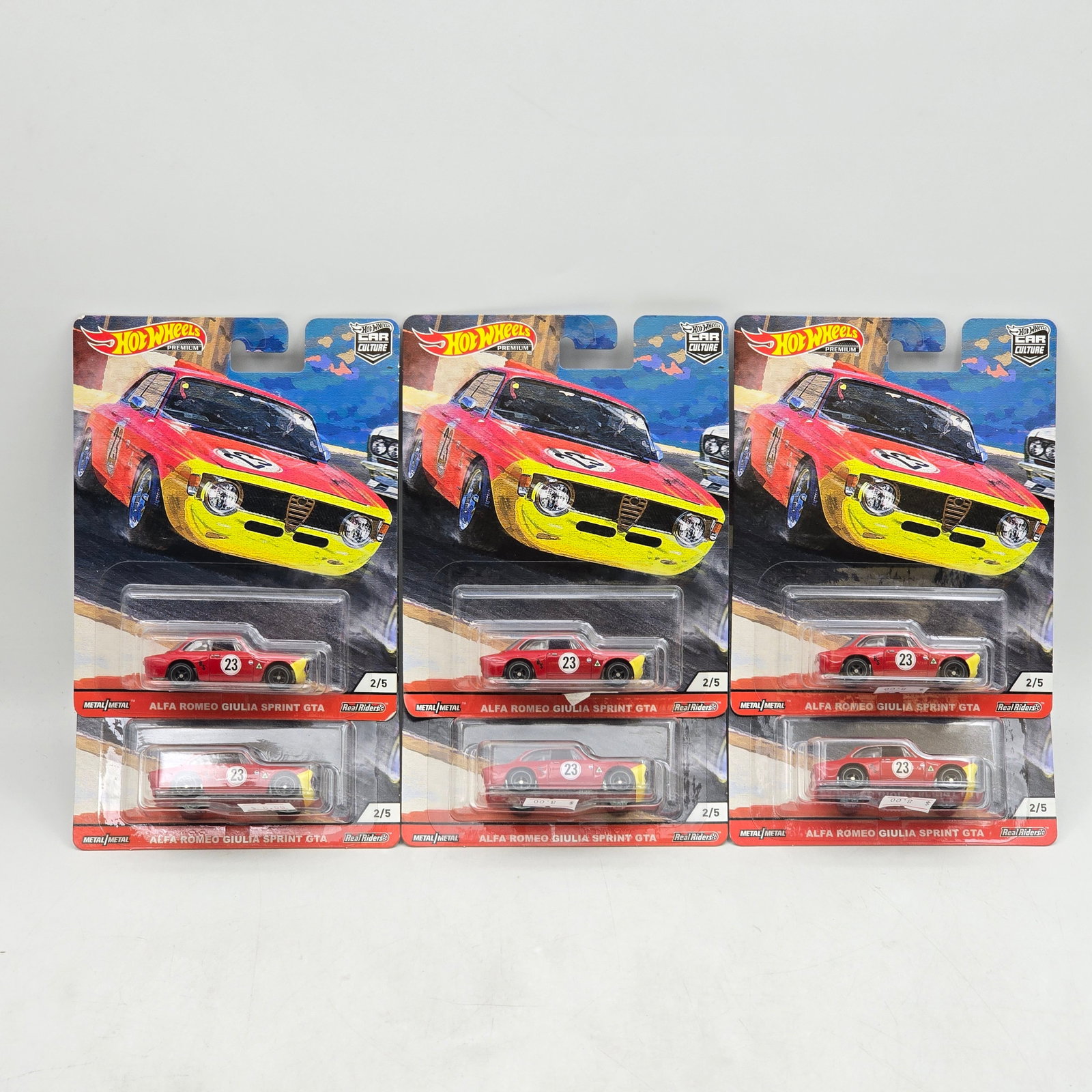 Lot of 6 Hot Wheels Premiums: Includes (6) Alfa Romeo Giulia Sprint GTA premium models from the Car Culture series. Cars-Appear to be in good condition with clean paint, sharp tampo detail, and no obvious wear visible. Cards-Show 