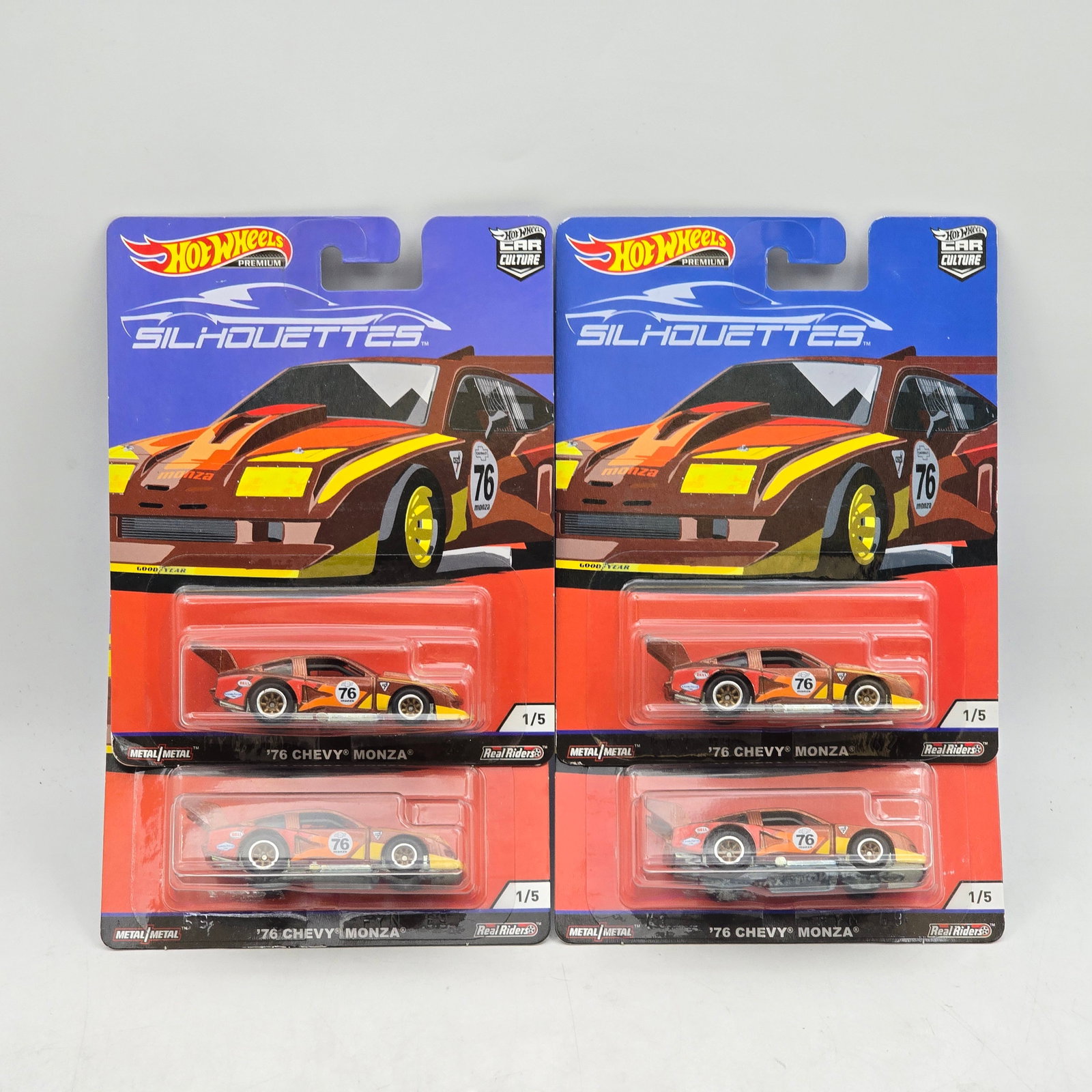 Lot of 4 Hot Wheels Silhouettes Premiums: Includes (4) â€™76 Chevy Monza premium models from the Car Culture Silhouettes series. Cars-Look to be in good condition with no notable wear visible. Paint, tampos, glass, base and Real Rider