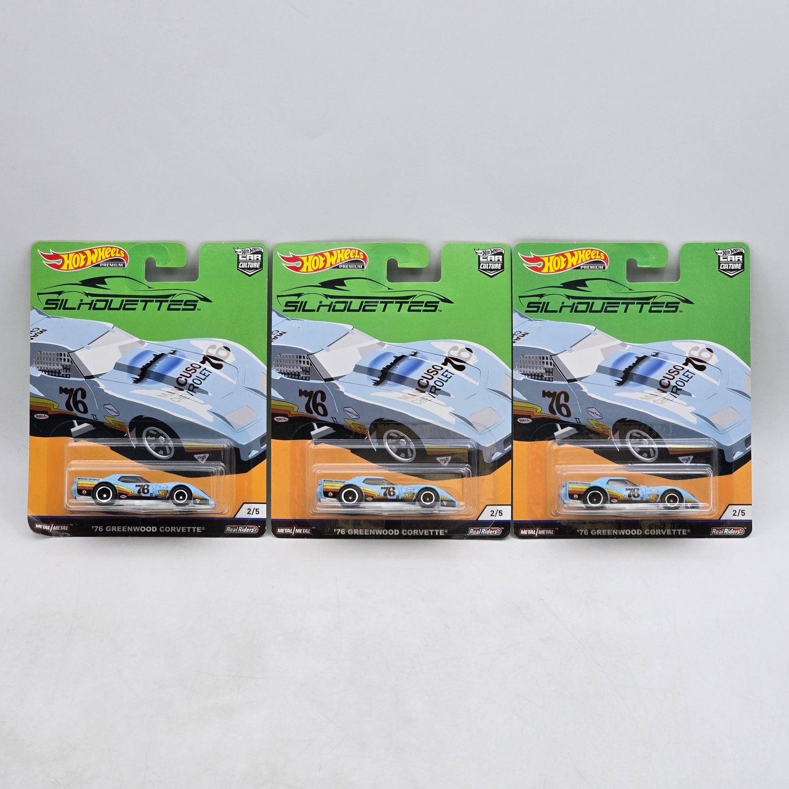 Lot of 3 Hot Wheels Silhouettes Premiums: Includes (3) â€™76 Greenwood Corvette premium models from the Car Culture Silhouettes series. Cars-Appear to be in good condition with clean paint, sharp tampo detail, and no obvious wear visi