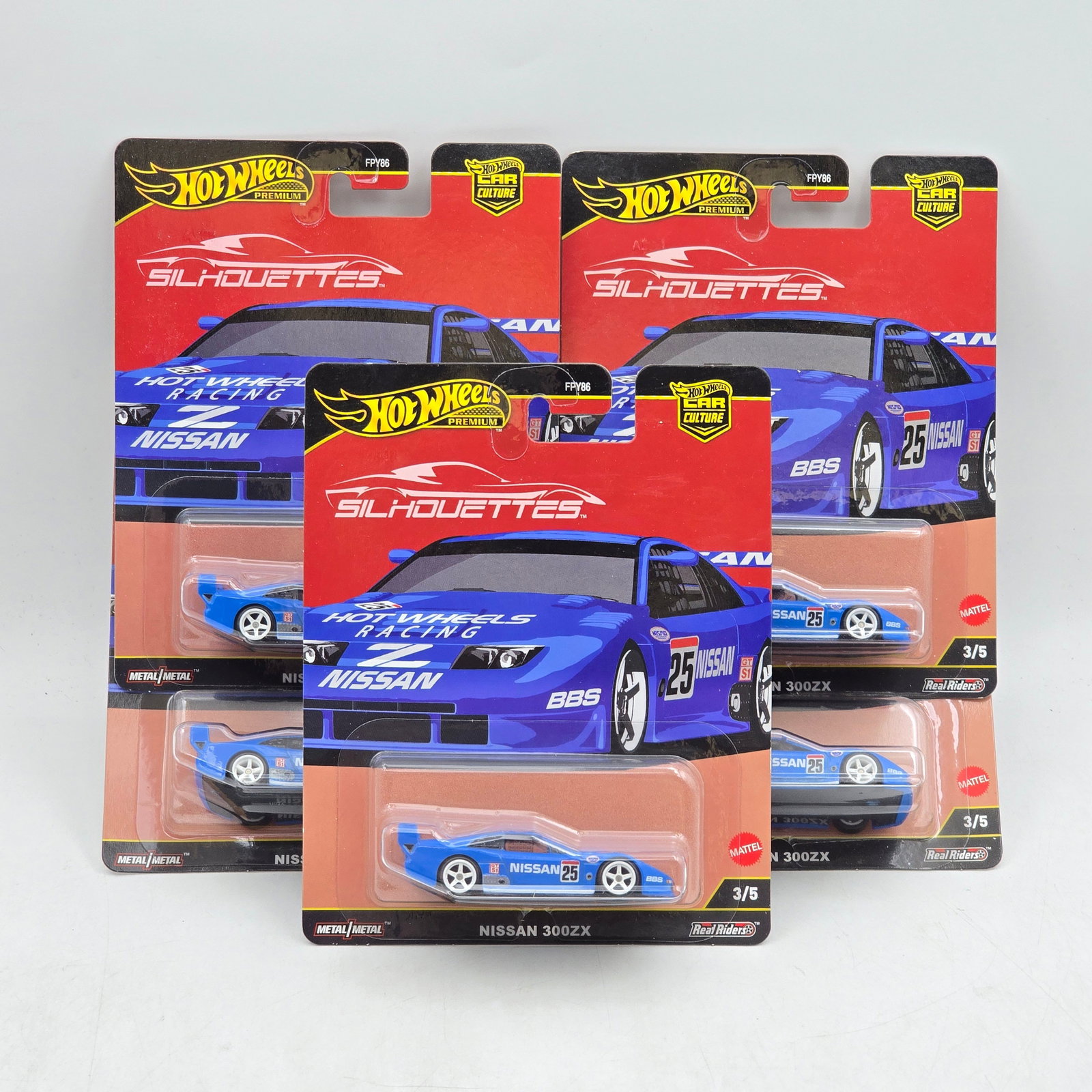 Lot of 5 Hot Wheels Silhouettes Premiums: Includes (5) Nissan 300ZX premium models from the Car Culture Silhouettes series. Cars-Look to be in good condition with no notable wear visible. Paint, tampos, glass, base and Real Riders wheels all 